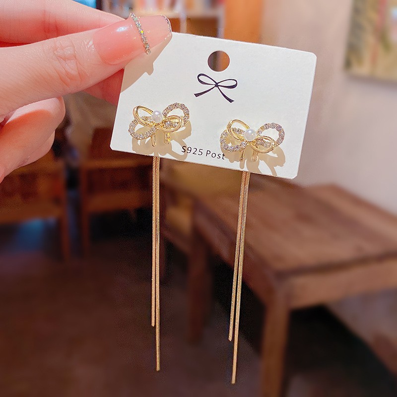 Khuyên tai nơ đính đá zircon kiểu Hàn Quốc dành cho nữ, kiểu dáng dài đơn giản, đa năng và thanh lịch, có thể kết hợp với tua rua