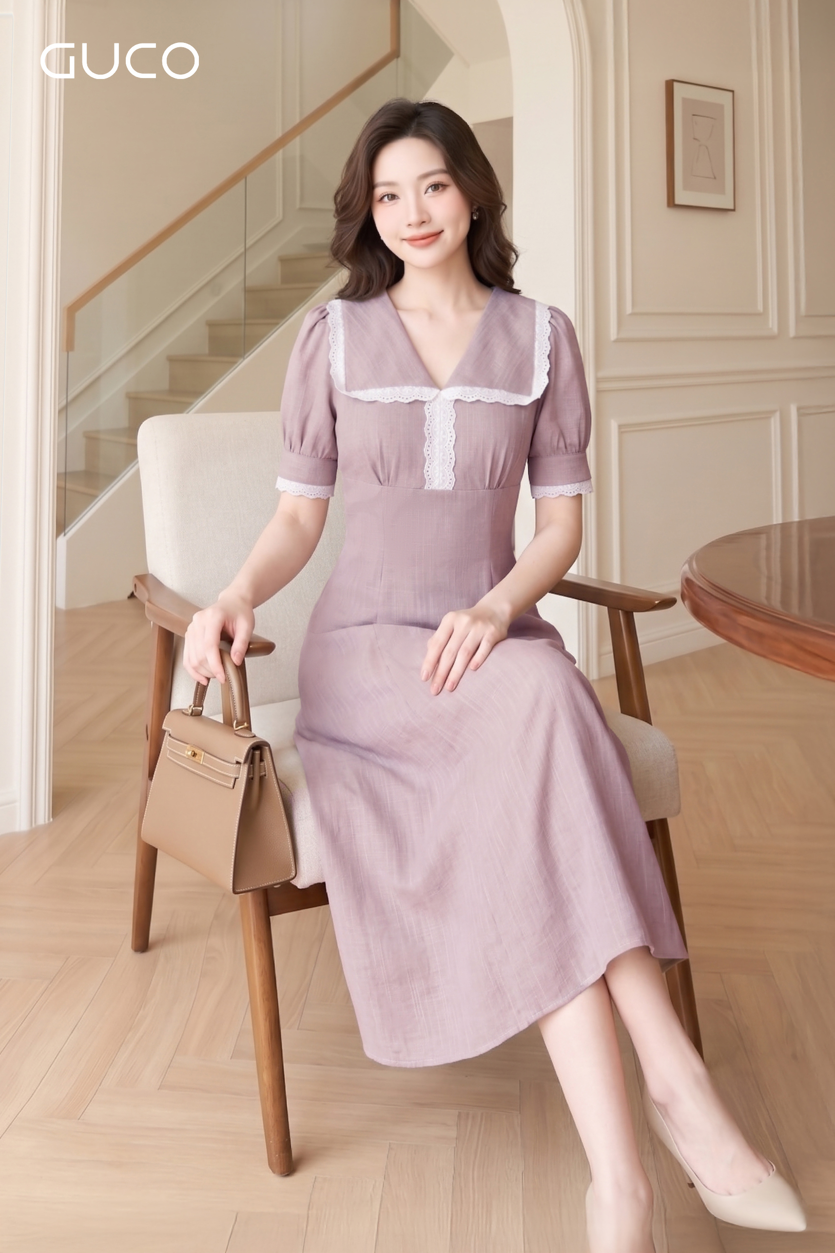 Đầm Midi Hồng Ruốc Cổ Thủy Thủ Phối Ren_thumbnail_2