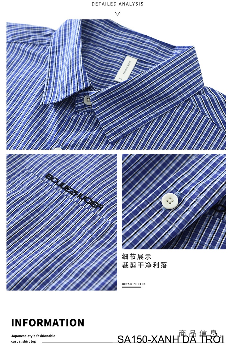 SA150 - Áo sơ mi nam kẻ caro phong cách Nhật Bản, tay dài, form rộng thoải mái màu xanh da trời_thumbnail_10