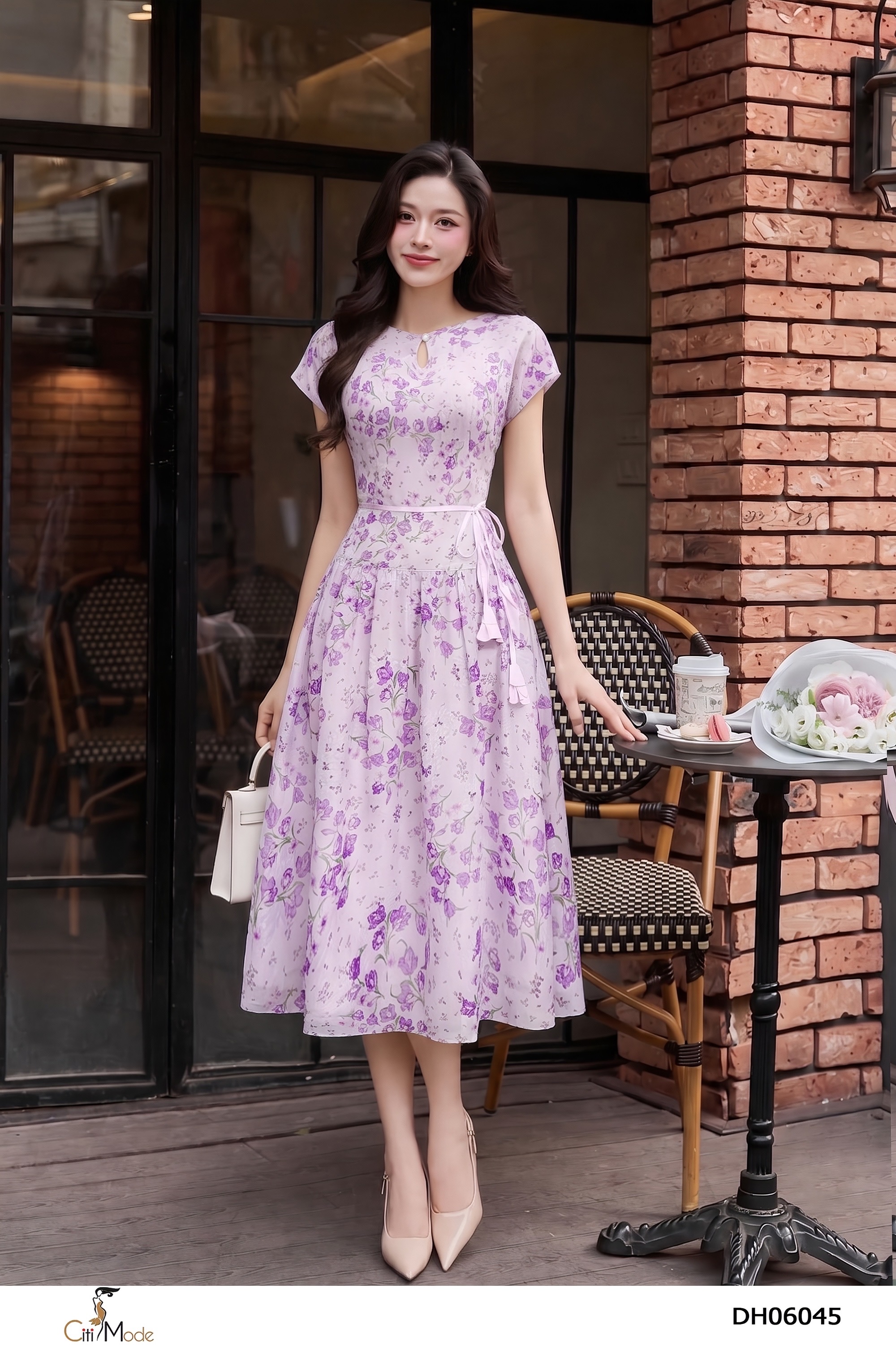 Đầm xòe tím cổ giọt lệ đai thắt eo_thumbnail_4
