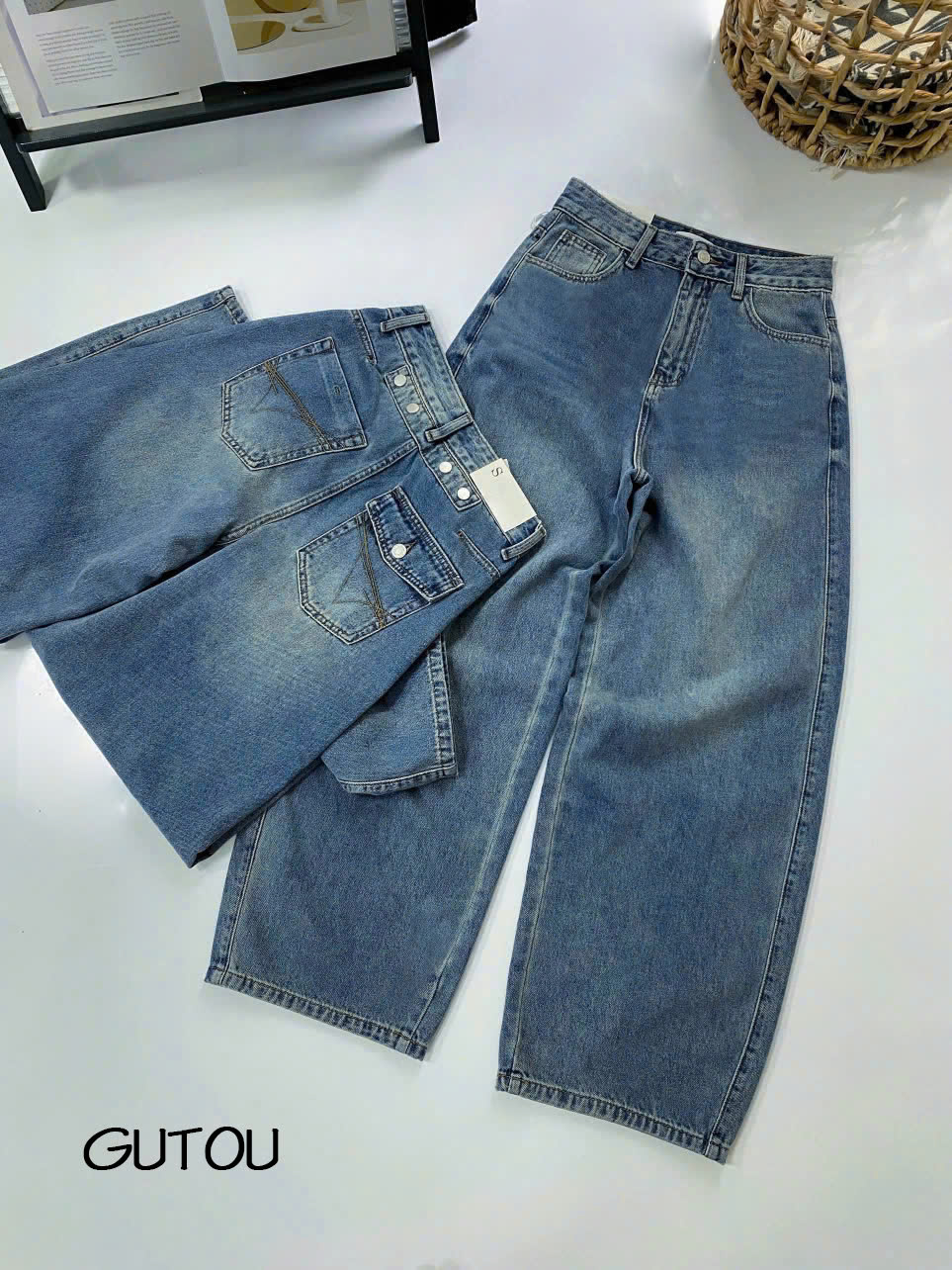 [ GUTOU ] Quần Jean Baggy Lưng Cao Phối Nắp Túi Thêu Slippery Basic_thumbnail_10