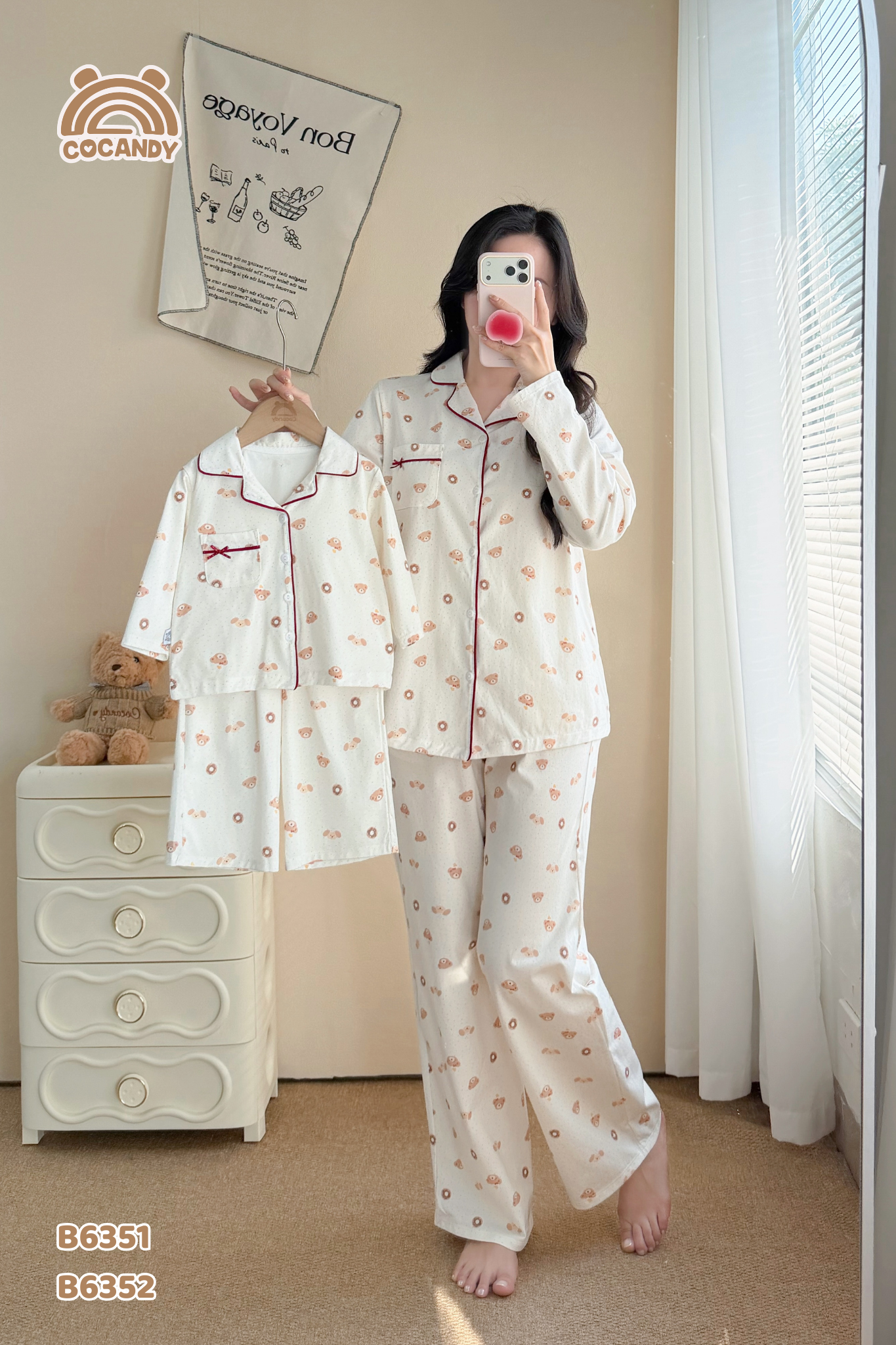 Bộ dài pijama TRẮNG gấu nâu viền đỏ NỮ_thumbnail_2