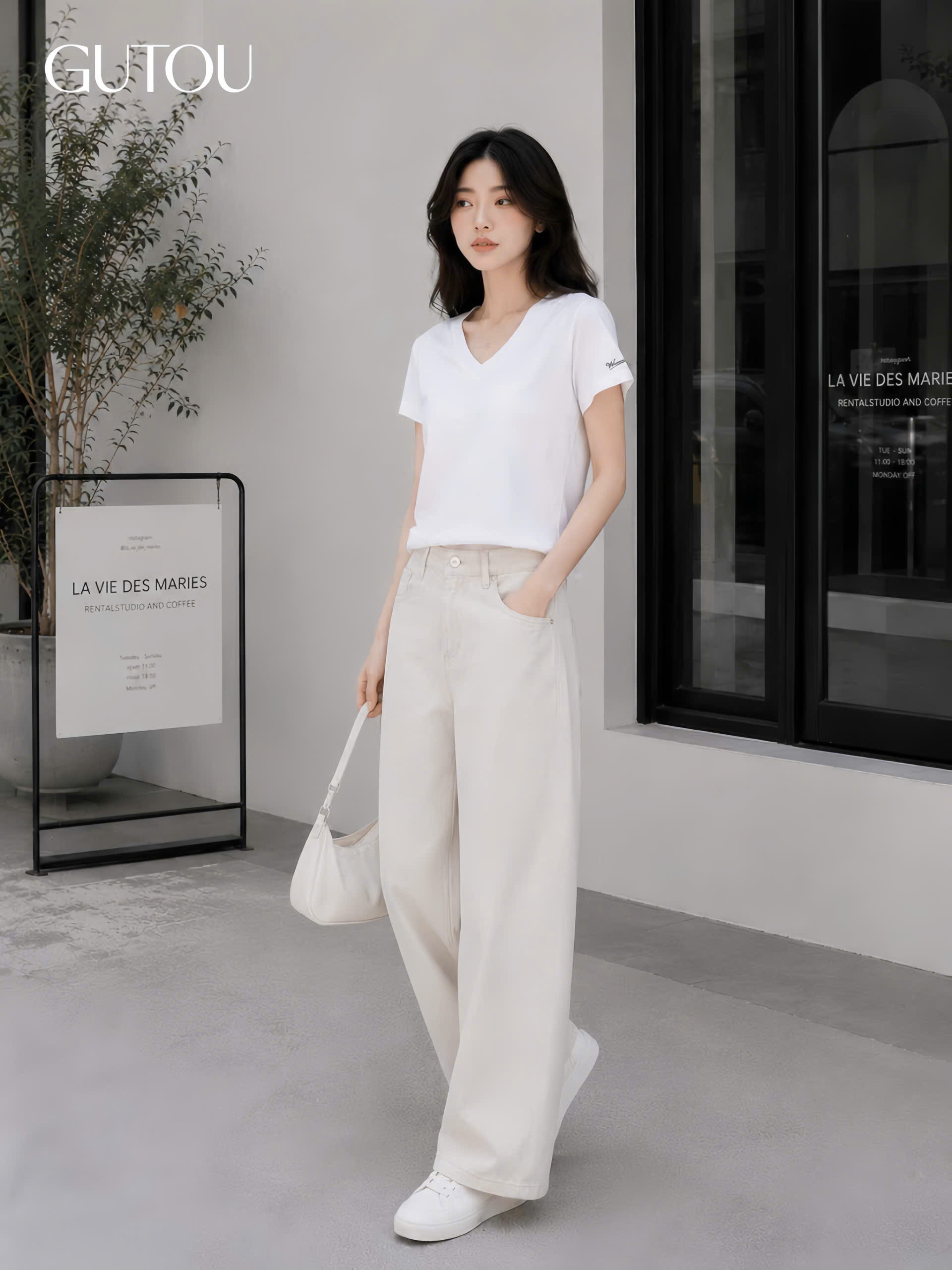 [ GUTOU ] Áo Thun Tay Ngắn Cổ V Tay Thêu Chữ Basic_thumbnail_2