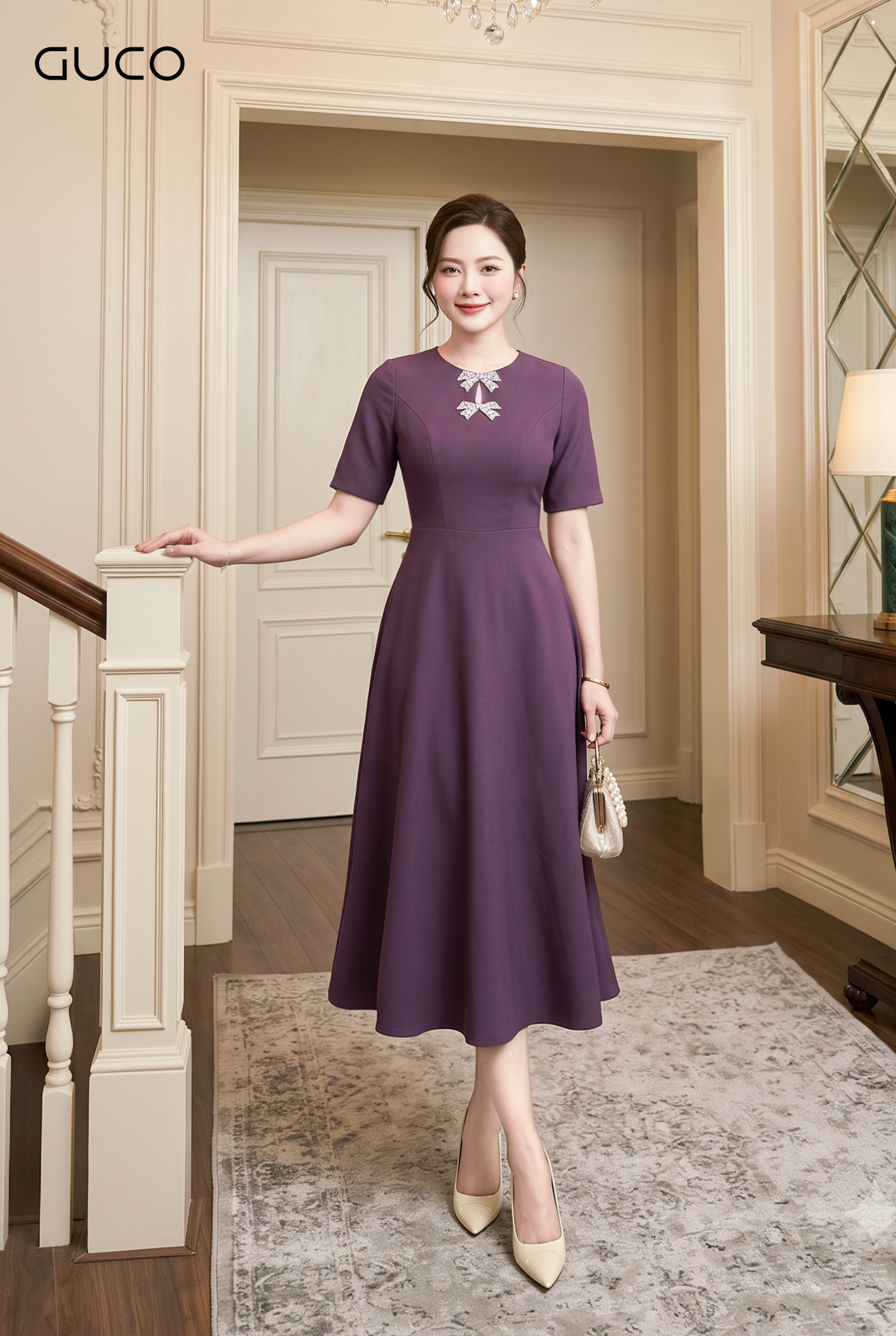Đầm Xòe Tím Cổ Giọt Lệ Đính Đá