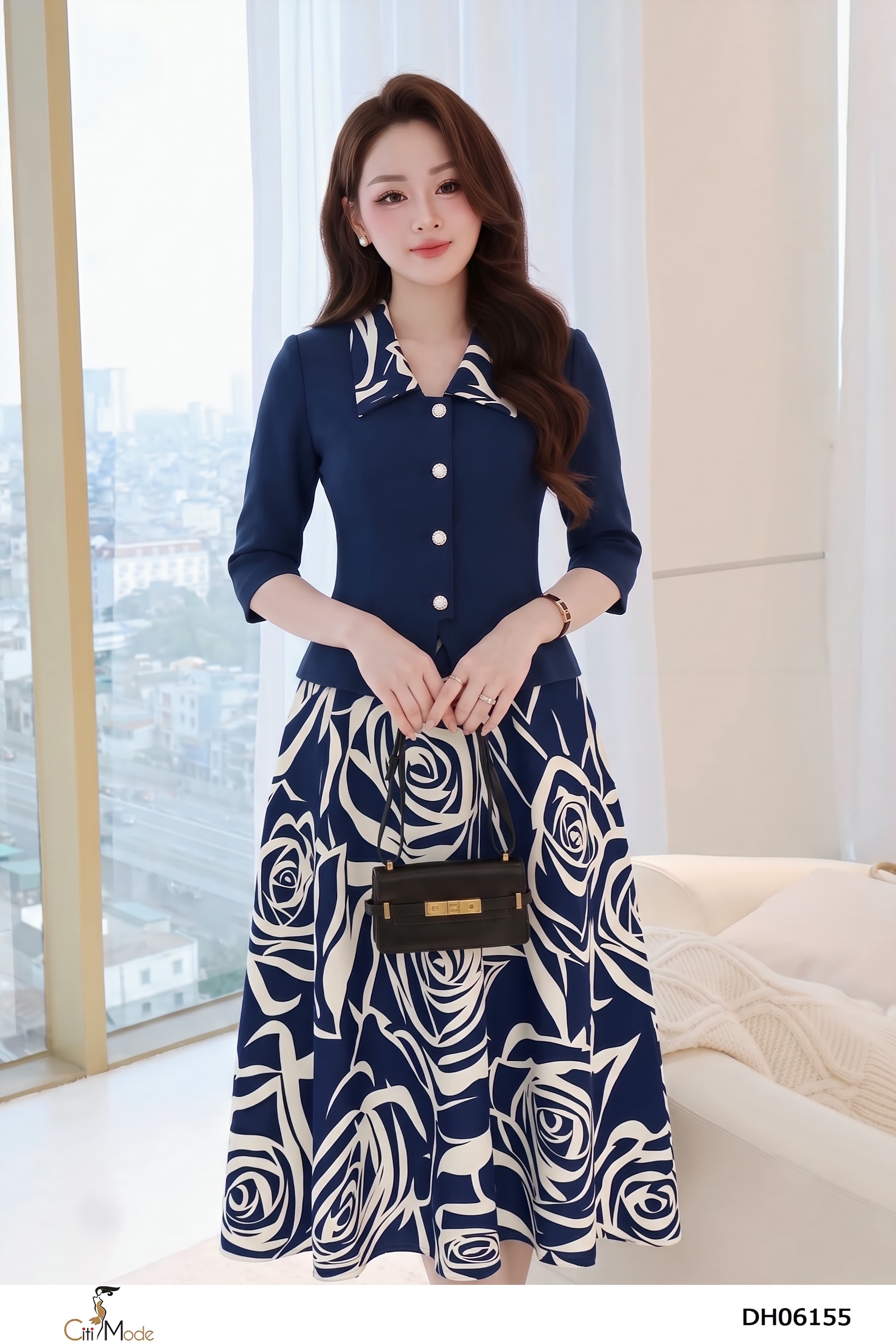 Đầm xòe giả set  xanh đen phối trắng tay lỡ cách điệu_thumbnail_4