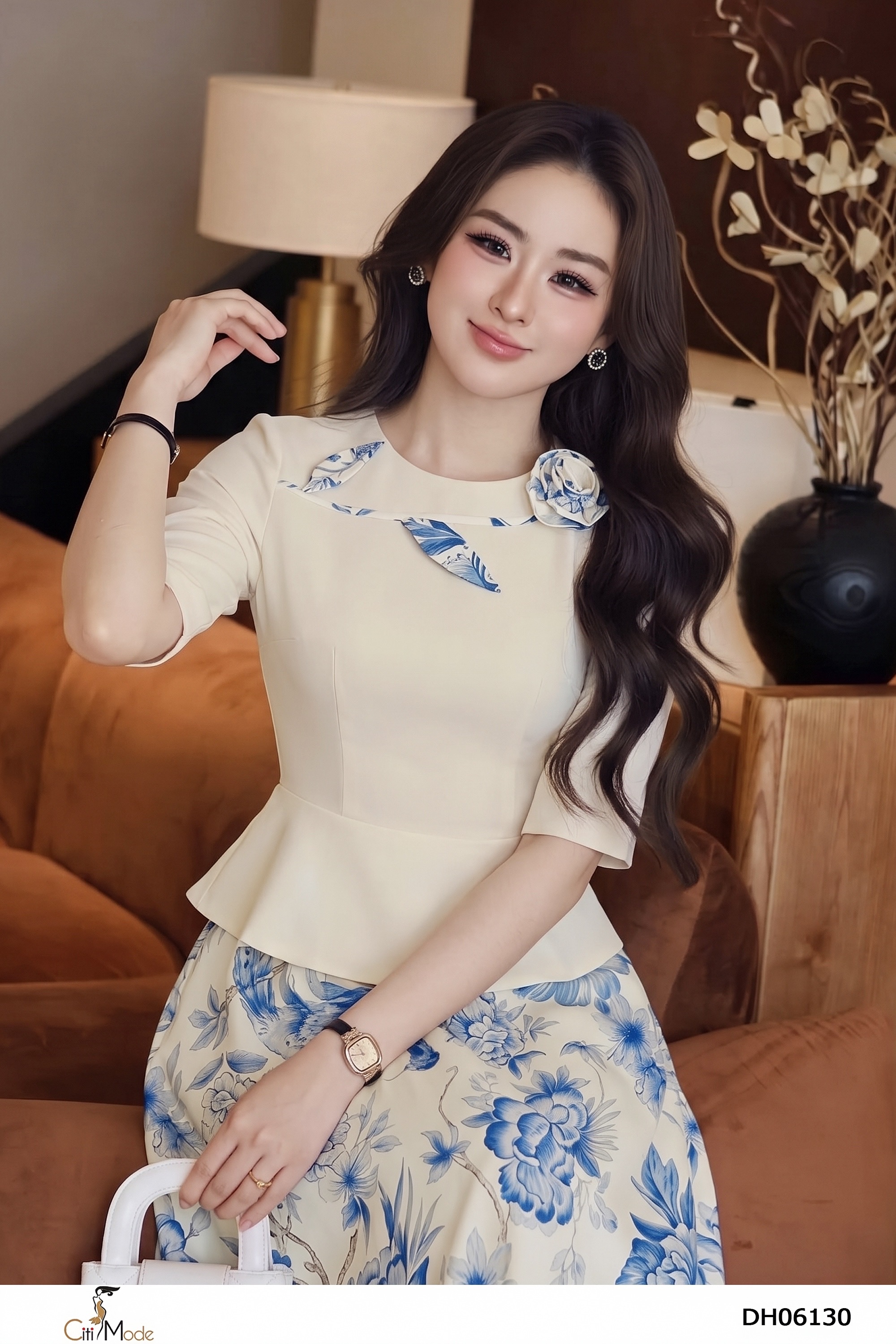 Đầm xòe hoa phối kem cổ tròn, tay lỡ_thumbnail_3