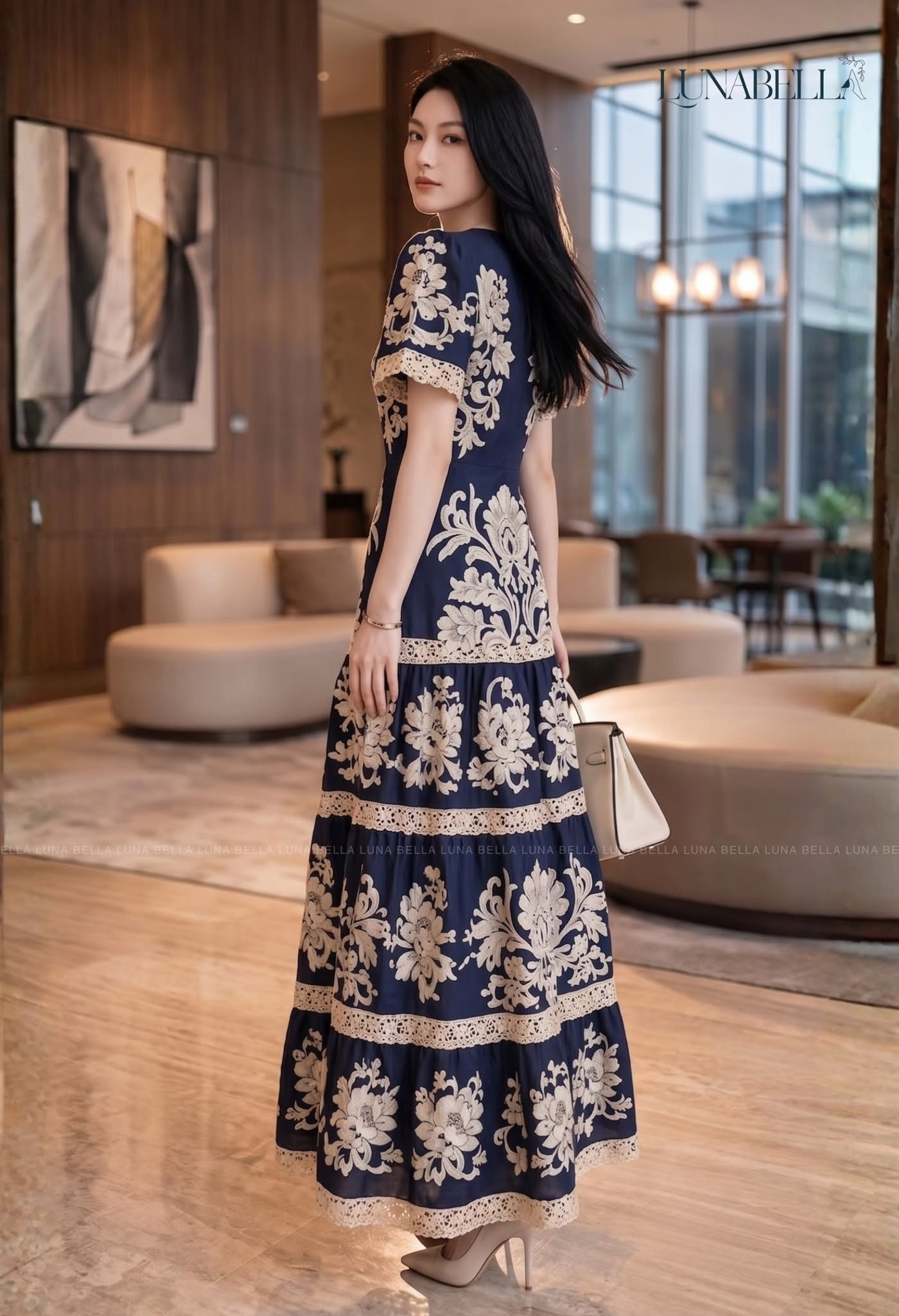 Váy maxi dài hoạ tiết baroque CAIVA màu XANH THAN_thumbnail_2