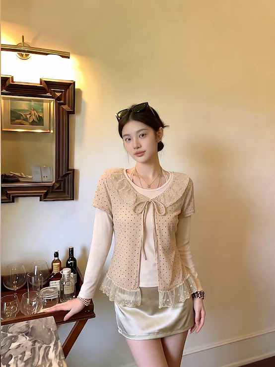 Lucas - Set áo thun dài tay + áo len chấm bi cộc tay buộc nơ viền ren cổ và gấu áo