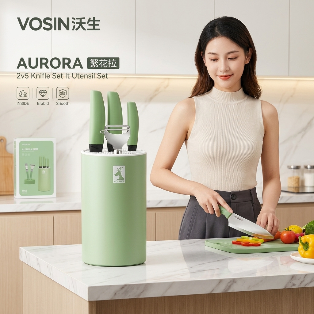 Bộ dao nhà bếp 6 món VOSIN AURORA, kèm dock, có dao chặt thái bản lớn_thumbnail_2