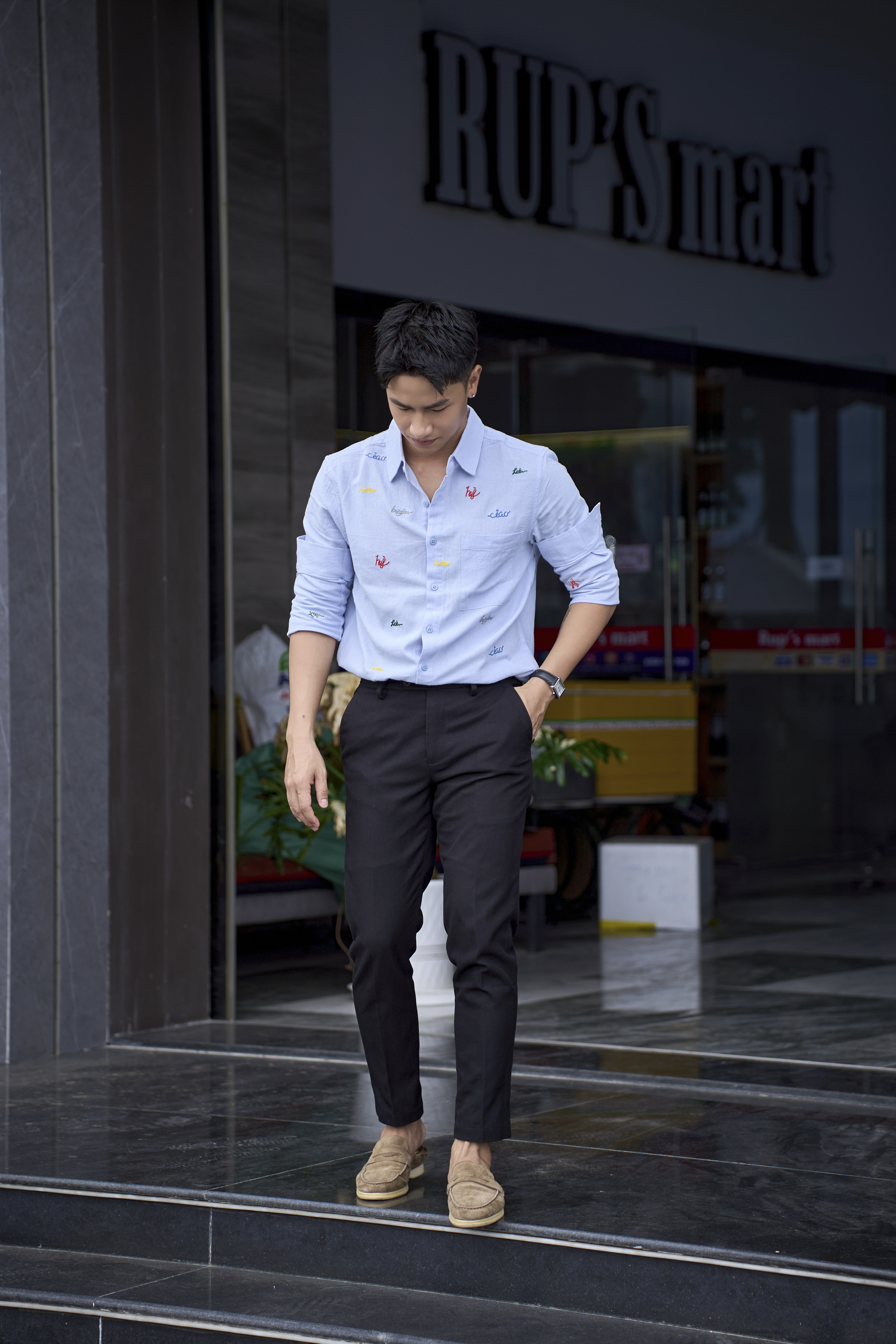 SA127 - Áo sơ mi nam dài tay cotton 100% phong cách Nhật Bản, form rộng, thêu chữ nghệ thuật, màu Trắng/Xanh Dương_thumbnail_8