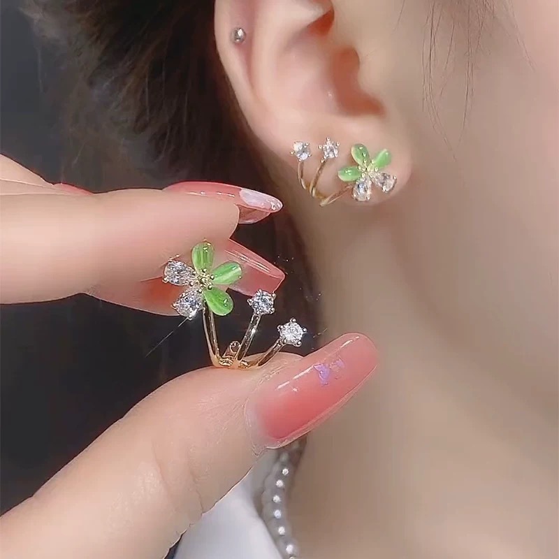 Hoa tai đính đá mắt mèo xanh lục, mẫu hoa tai thời thượng mới năm 2023, hoa tai cao cấp độc đáo, hoa tai sang trọng nhẹ nhàng