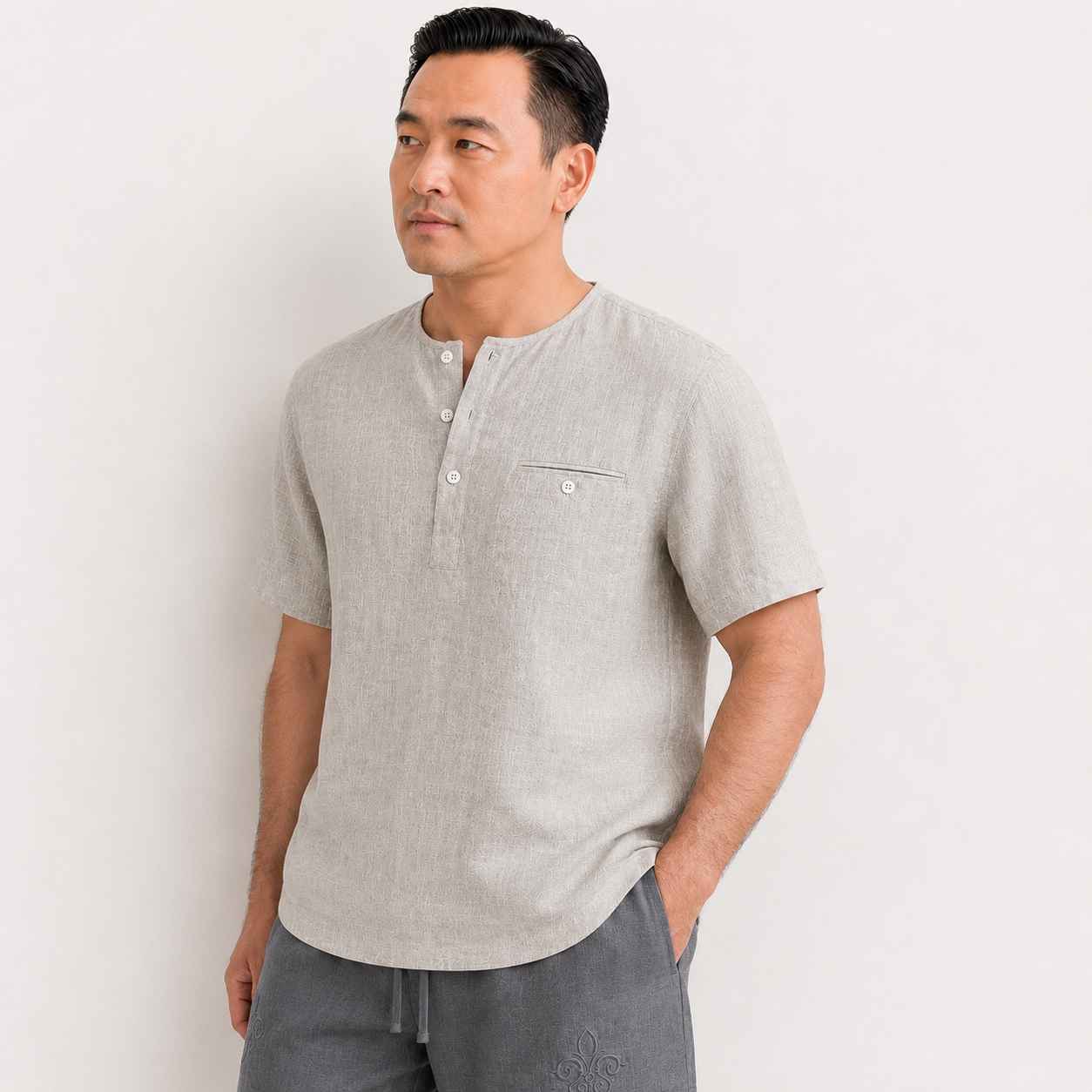 100% PREMIUM LINEN - ÁO CỔ TRÒN NẸP TRỤ - Vạt Ngang Túi Ngực