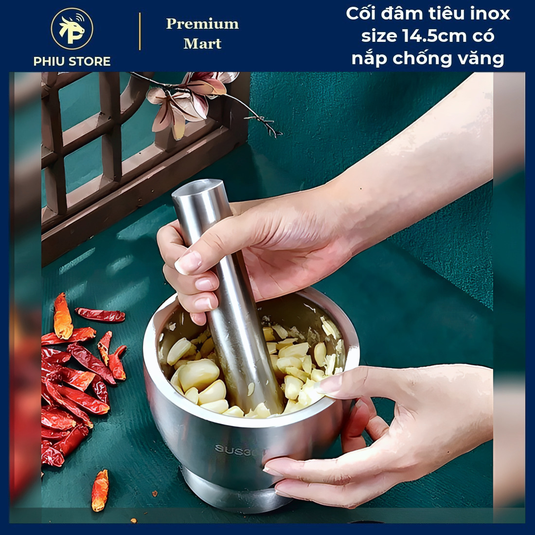 Cối Chày Đâm Tiêu - Cối Đâm Tiêu Inox Size 14.5cm có Nắp Chống Văng, Cối Giã Cua Inox - PHIU STORE_thumbnail_6