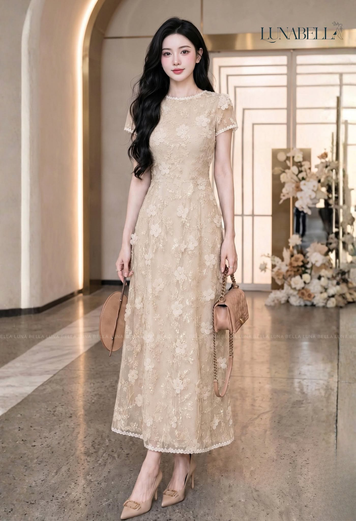 Váy ren dài hoa nổi BECKY màu KEM