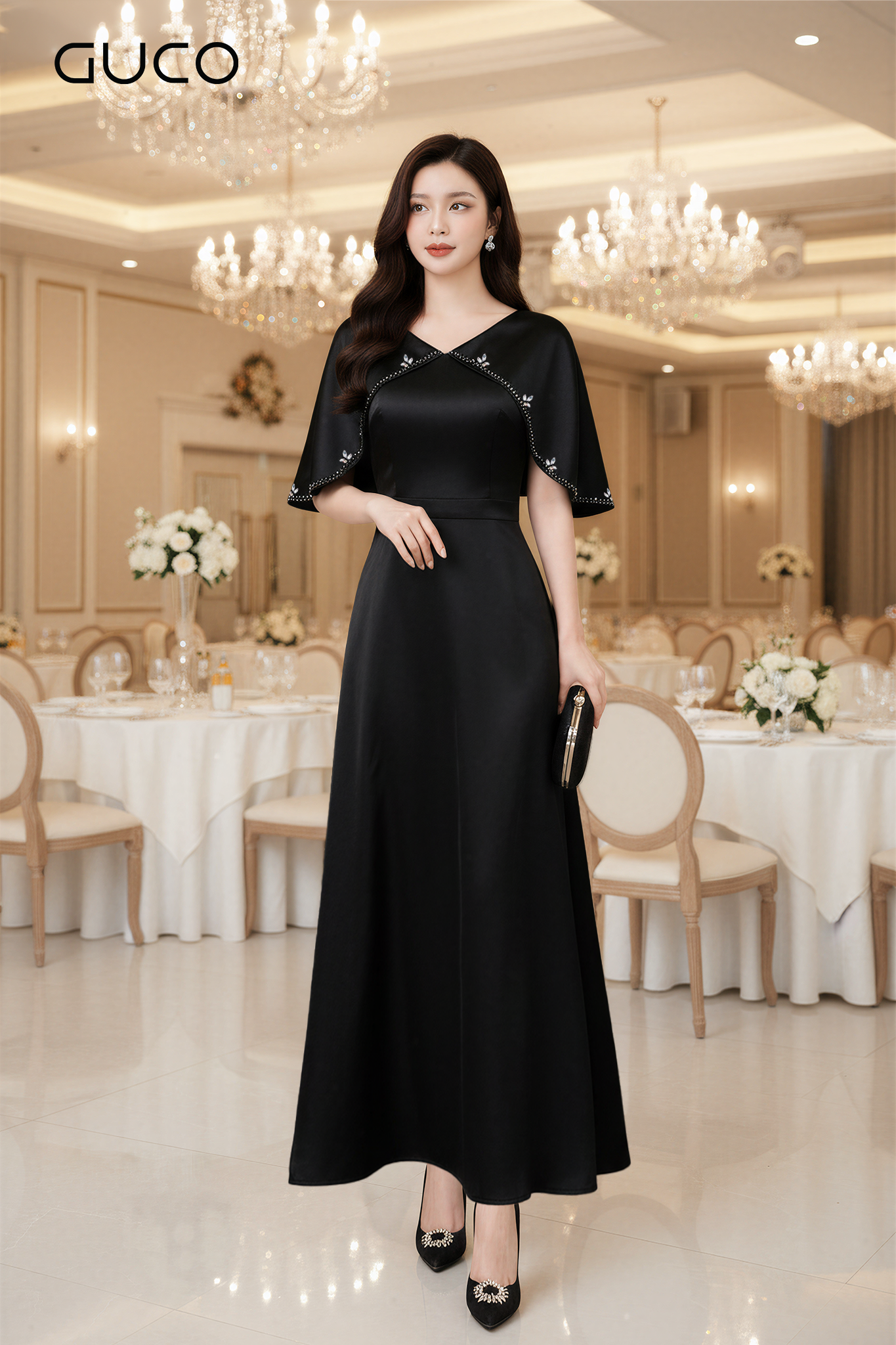 GUCO Đầm Đen Dáng Dài Đính Đá Sang Trọng