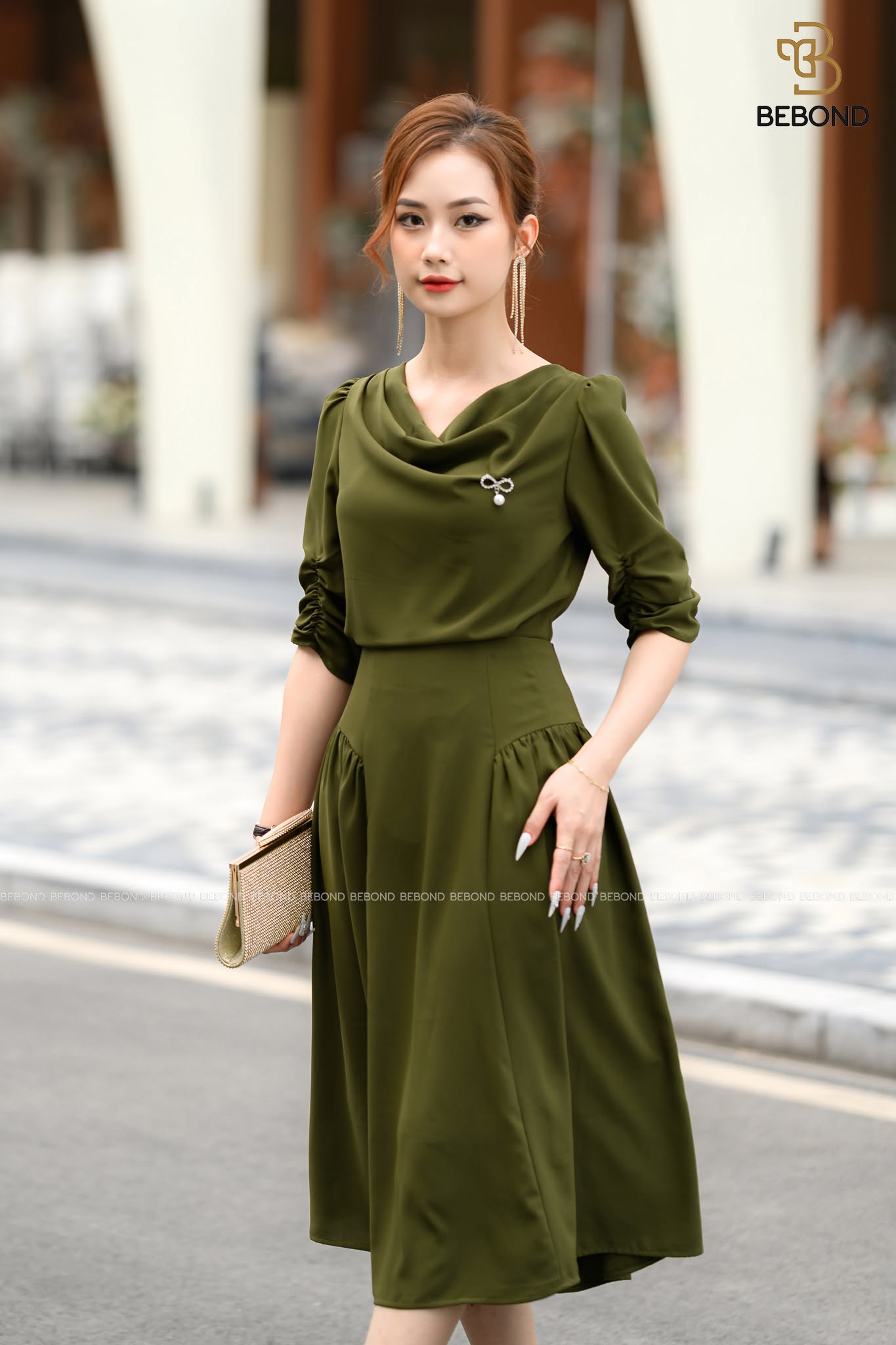 Chân đầm lụa Nhật XANH RÊU- CONAL DRESS_thumbnail_2
