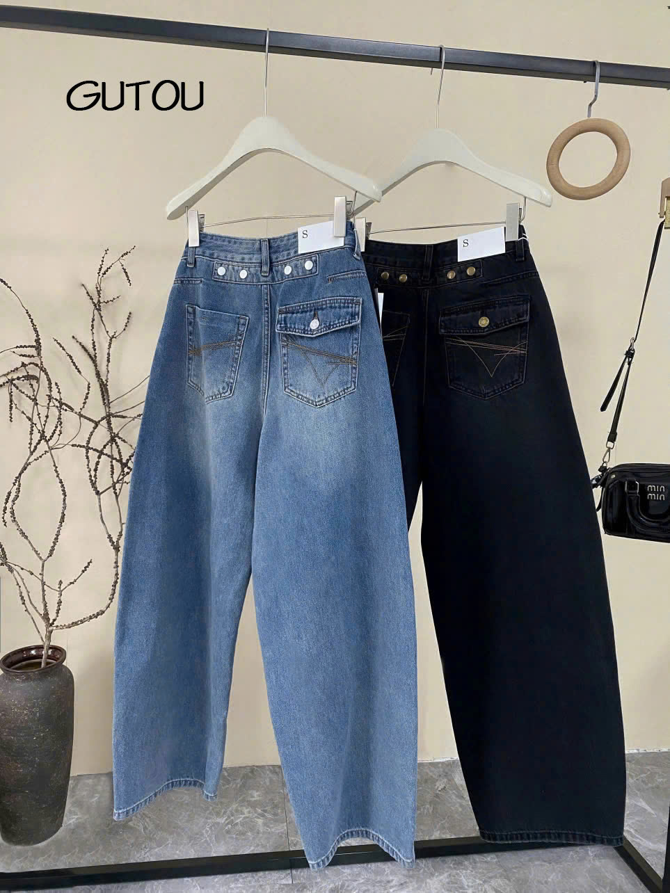 [ GUTOU ] Quần Jean Baggy Lưng Cao Phối Nắp Túi Thêu Slippery Basic_thumbnail_11