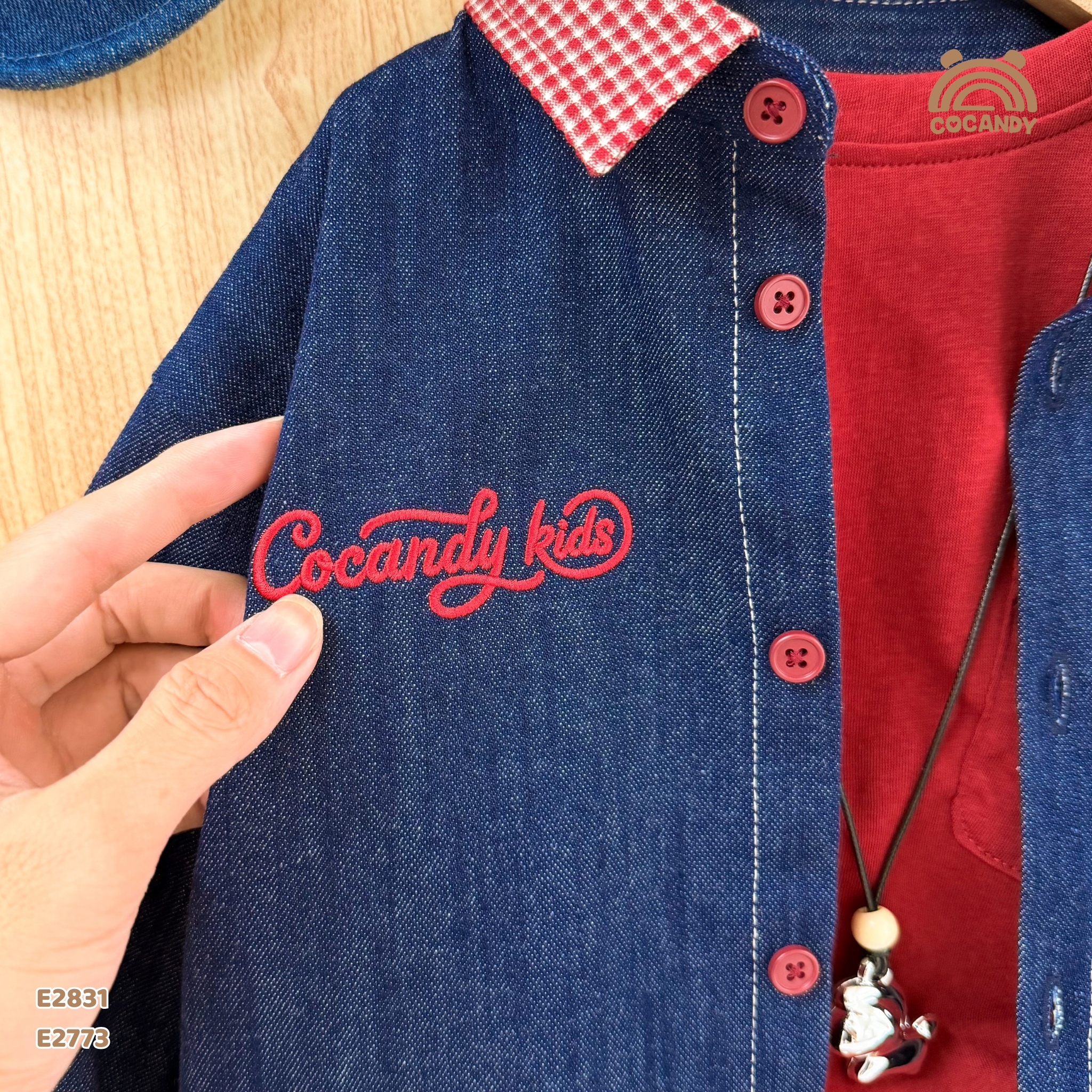 Áo dài sơ mi XANH jeans phối caro đỏ_thumbnail_6