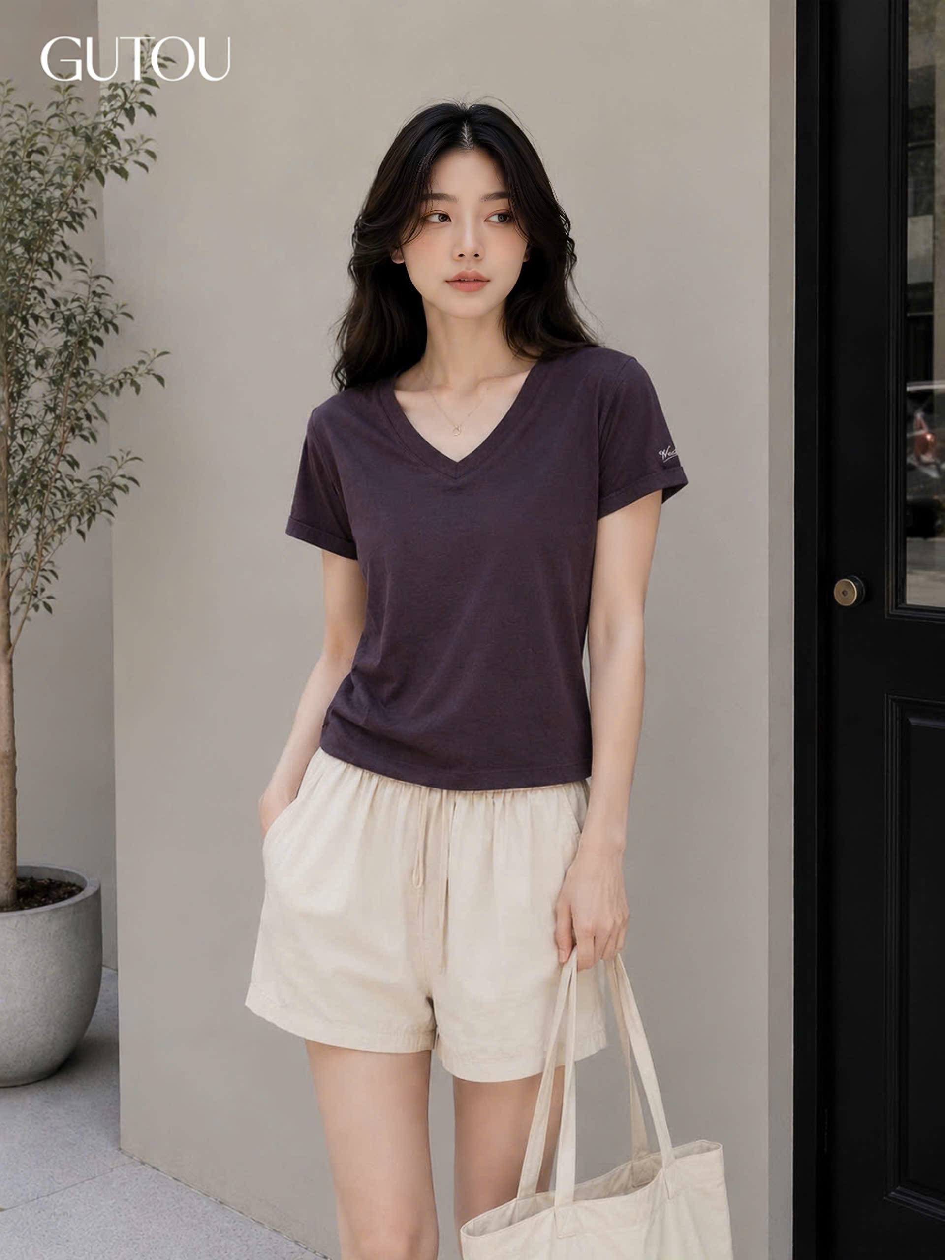 [ GUTOU ] Áo Thun Tay Ngắn Cổ V Tay Thêu Chữ Basic_thumbnail_5