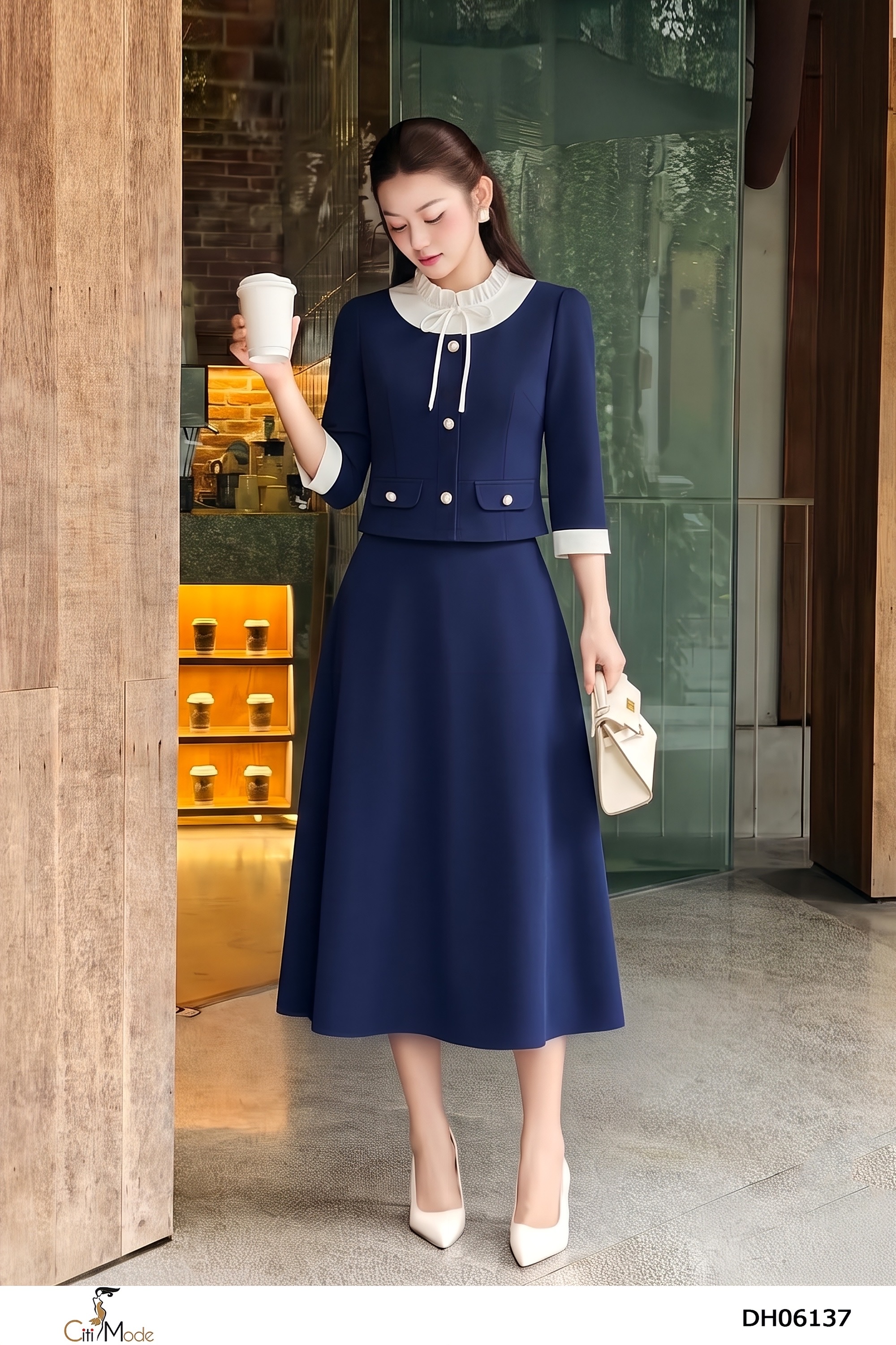 Đầm xòe xanh đen giả set cổ nhún phối trắng tay lỡ