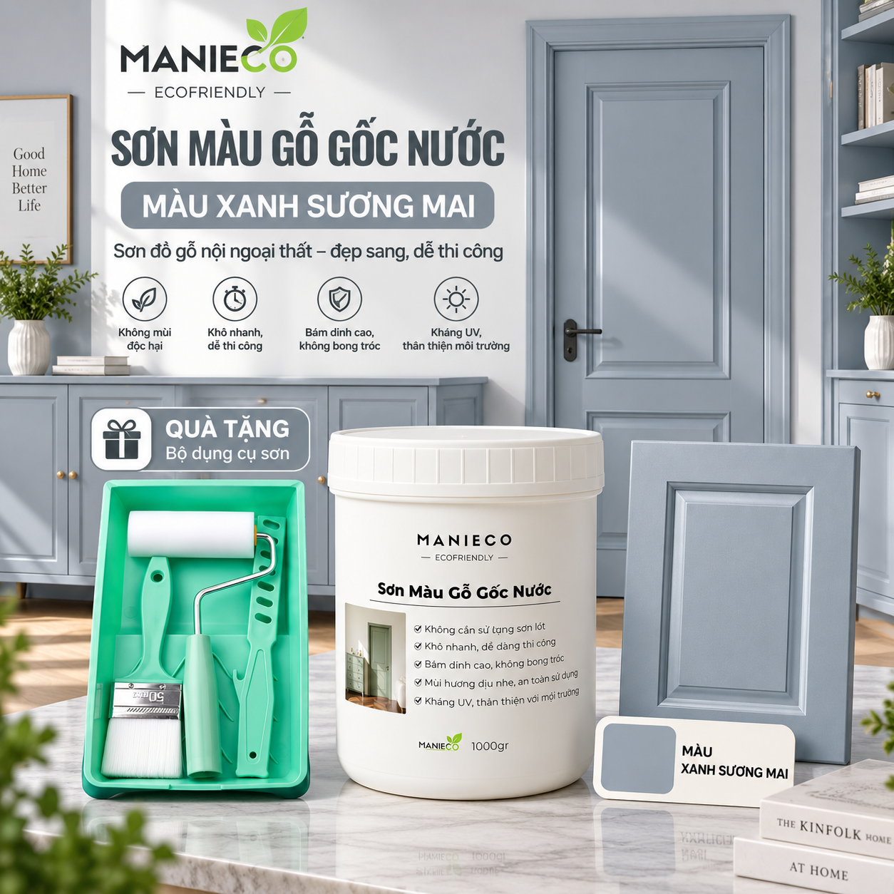 Màu Xanh Sương Mai - Sơn Gỗ Gốc Nước Đổi Màu Manieco 1KG - Nội Ngoại Thất, Che Phủ Hoàn Toàn, Không Mùi