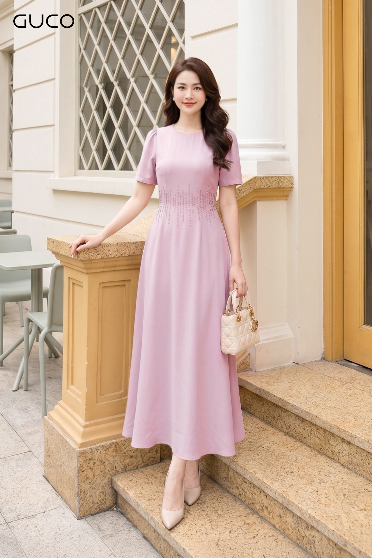 Đầm Xòe Hồng Nude Đính Đá Eo