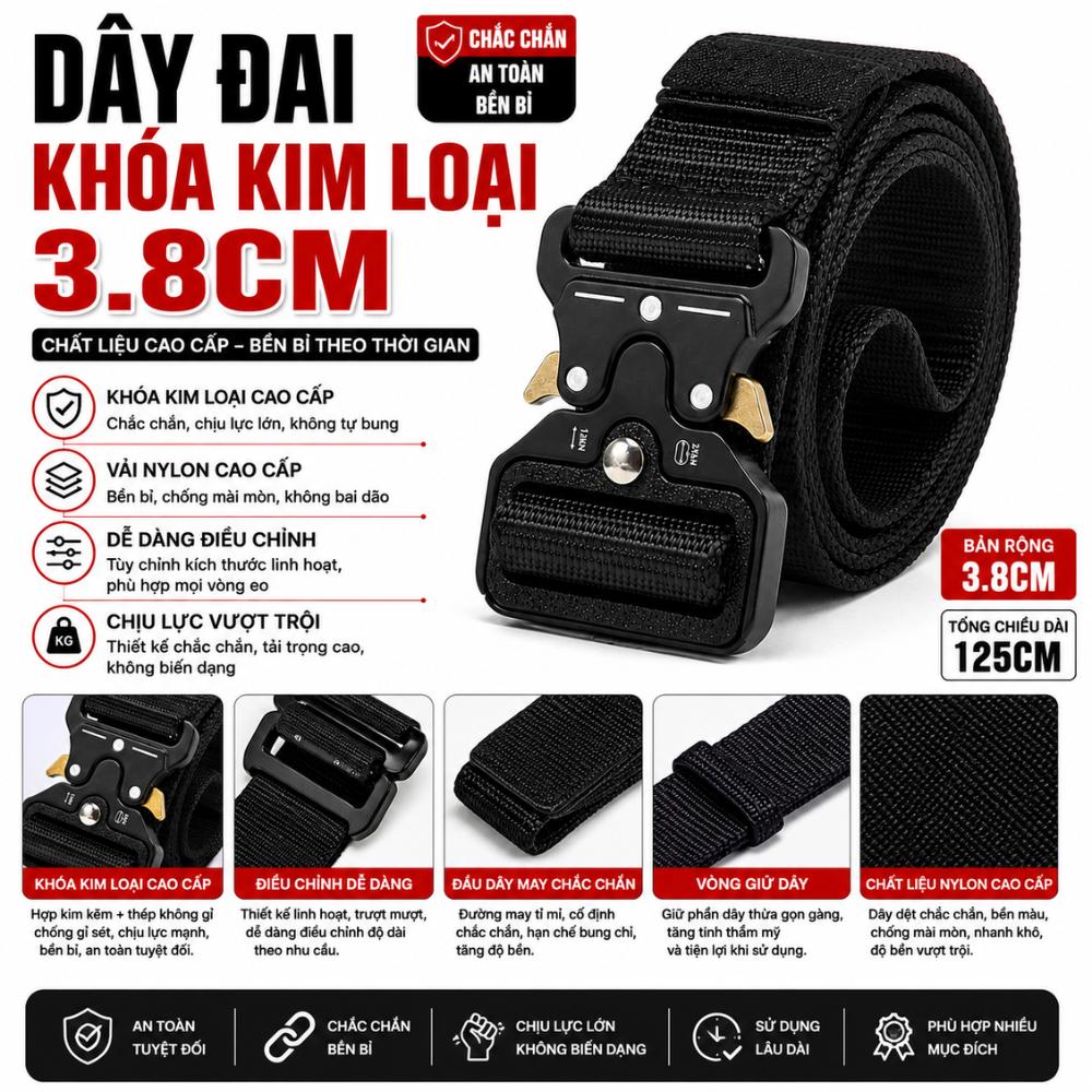 Dây Đai Khóa Kim Loại 3.8cm 5cm Top Đồ Nghề Top Tool Thắt Lưng Nylon Chiến Thuật TDN-27 Siêu Bền 125cm