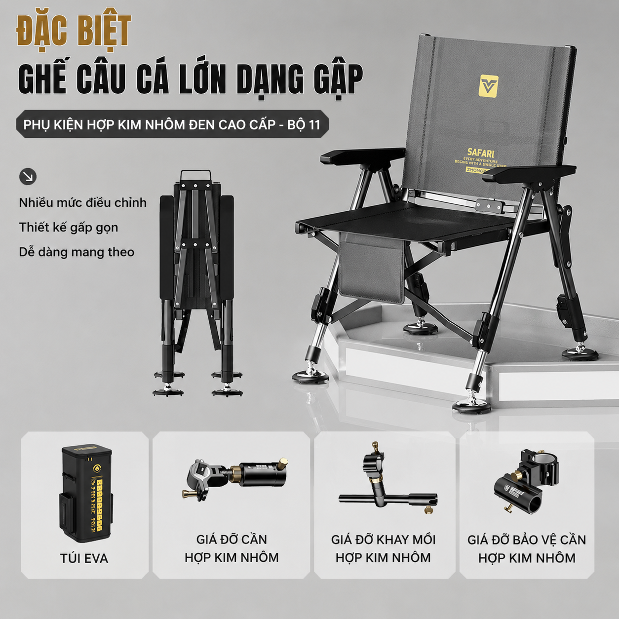 Ghế Câu Cá Lưng Thấp Quanjulong Safari Gọn Nhẹ – Khung Thép Chắc Chắn, Ngồi Êm Không Mỏi_thumbnail_5