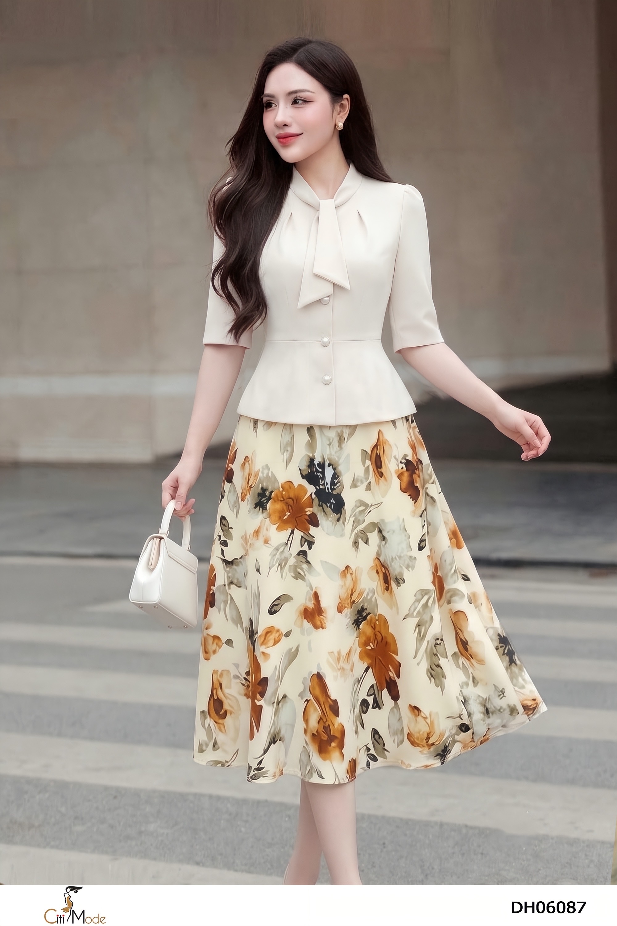 Đầm xòe hoa phối kem cổ nơ tay lỡ_thumbnail_3