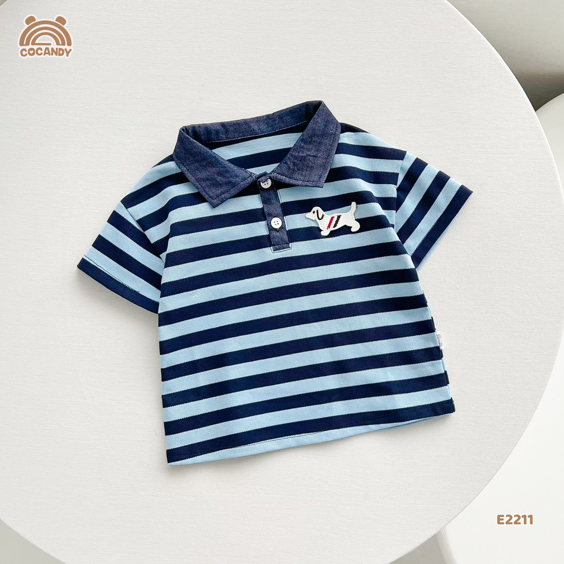 Áo cộc polo kẻ XANH NAVY nẹp cổ tag cún_thumbnail_1