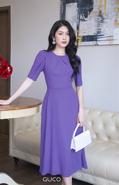 ĐẦM XÒE CỔ XẾP LY EO THẮT BÍM - TÍM S