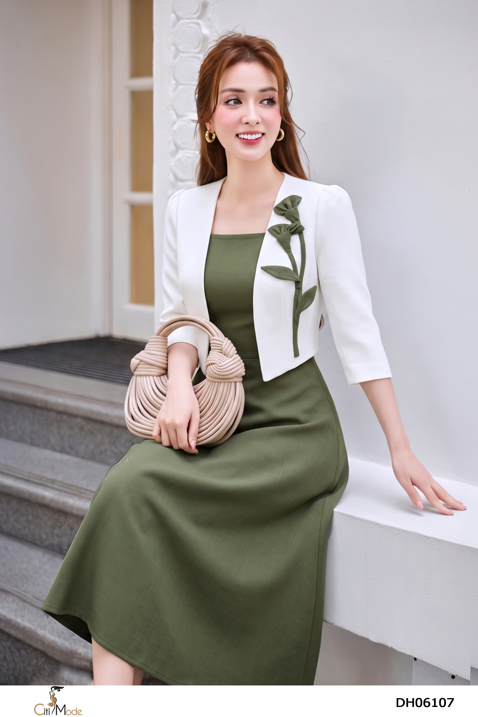 Đầm xòe giả set xanh rêu  phối trắng, cổ vuông tay lỡ_thumbnail_2