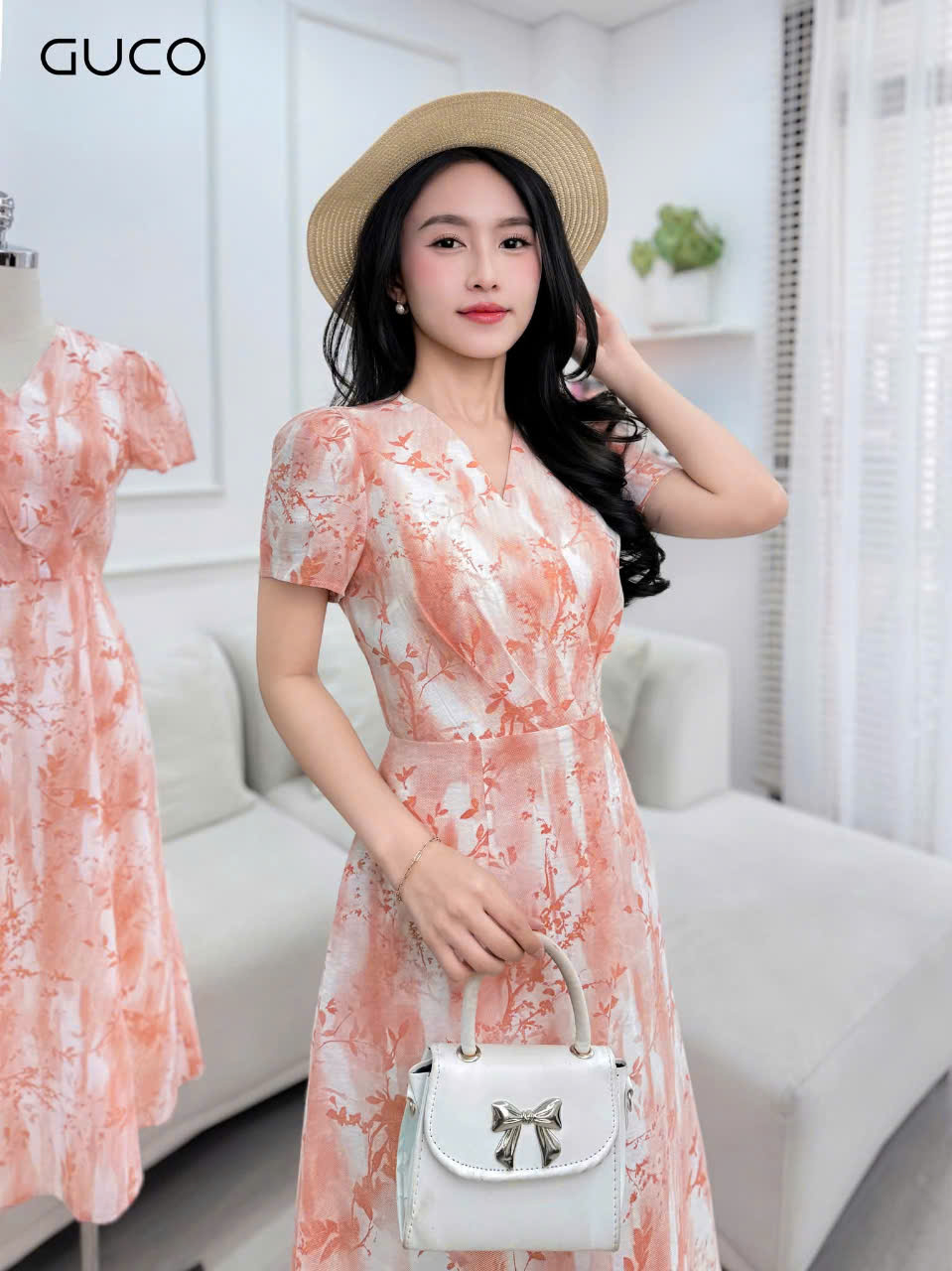 ĐẦM XÒE HOA CỔ TIM XẾP LY NGỰC - HỒNG