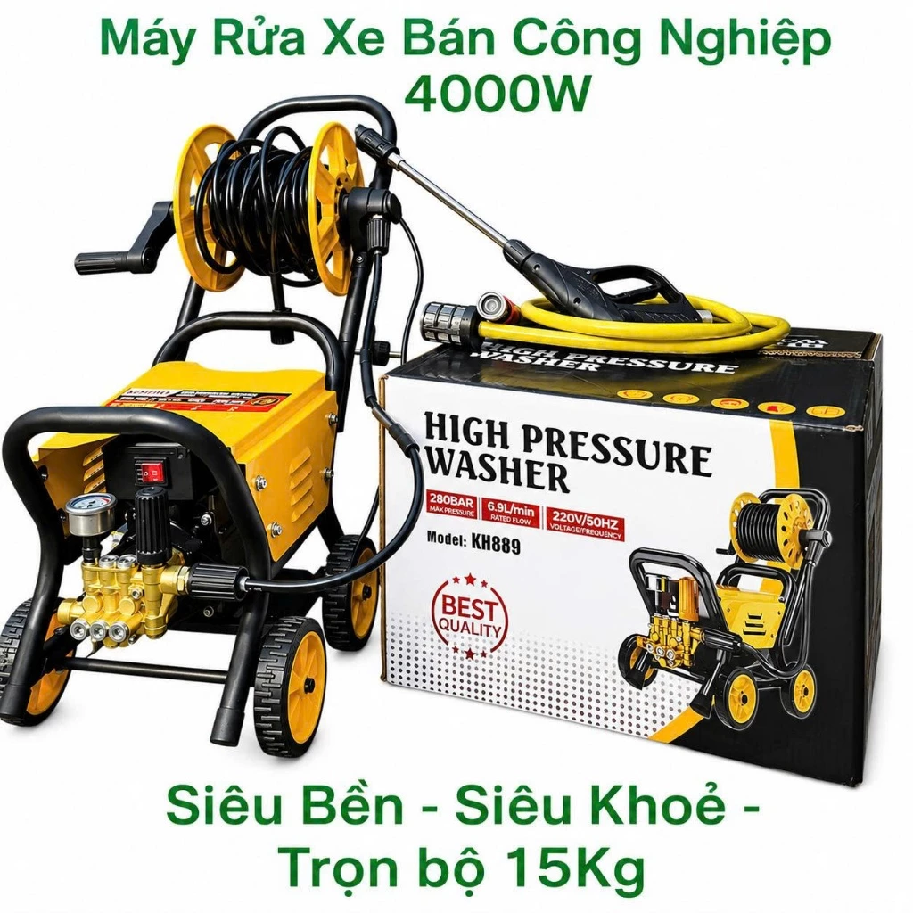 Máy Rửa Xe Cao Áp Kushima Bán Công Nghiệp Dây 15M Có Rulo Cuốn Dây - Động Cơ Lõi Đồng, Tự Hút Nước, Rửa Ô Tô Xe Máy