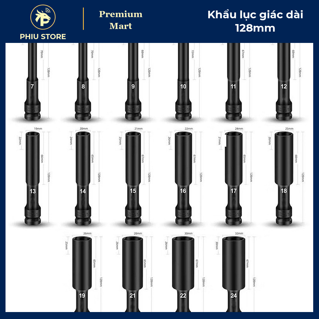 Khẩu Lục Giác Dài 128mm Đầu Vuông 1/2 Inch Thép Cr-V Đen - Cỡ 8 Đến 19mm, Dùng Máy Vặn Bulong - PHIU STORE