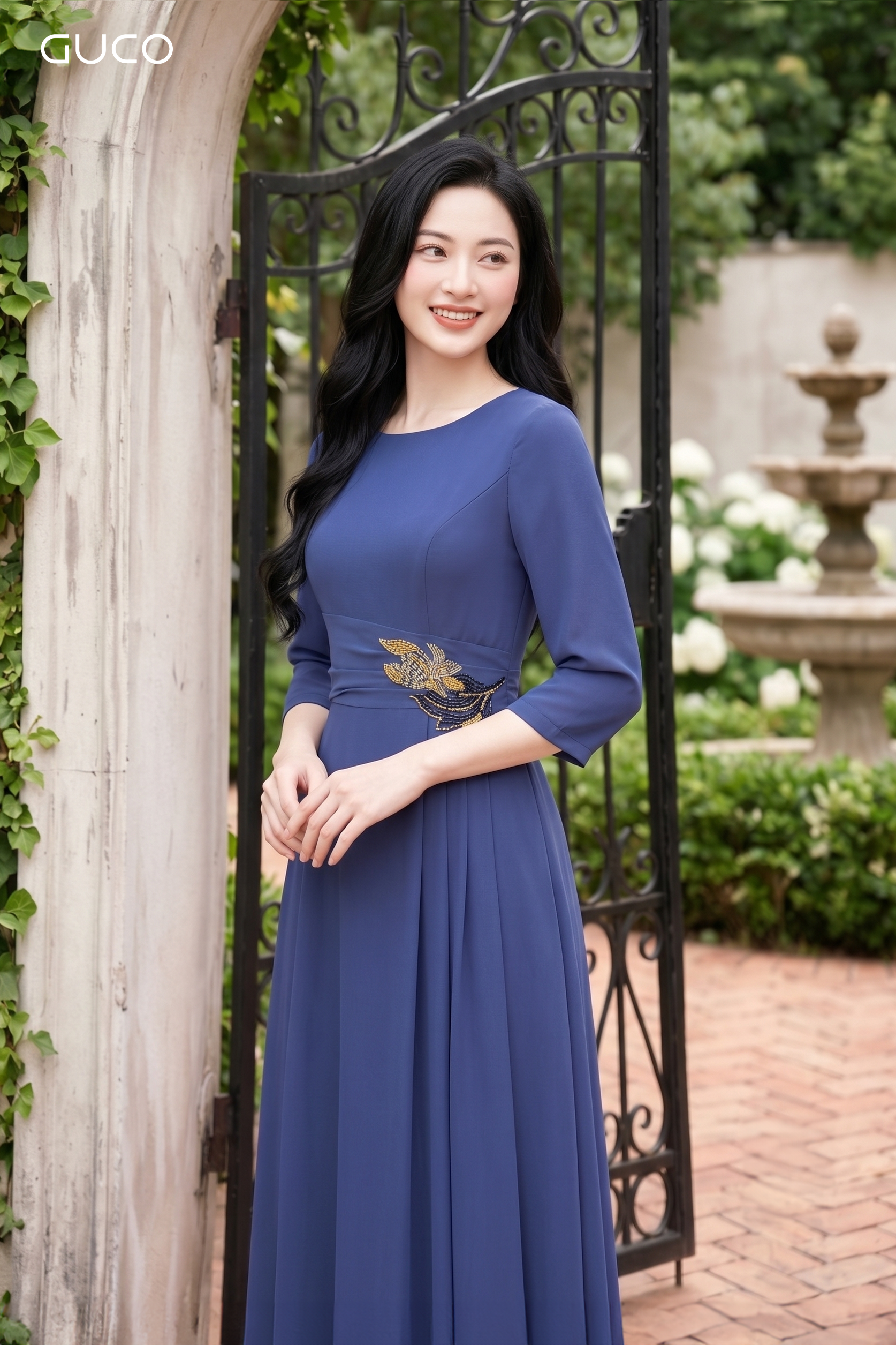 Đầm Xanh Sapphire  Xếp Ly Eo Đính Đá - 5203_thumbnail_2