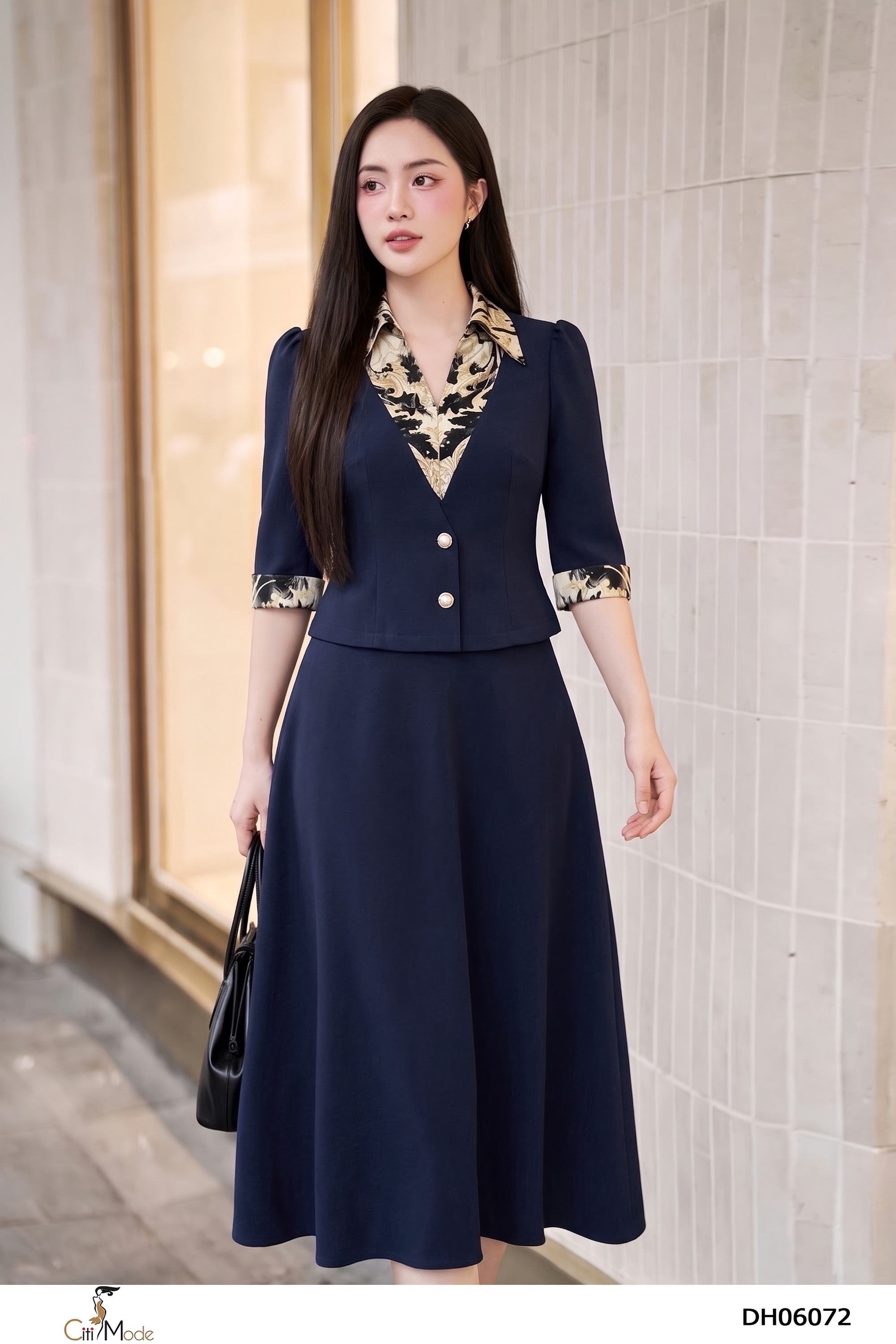 Đầm xòe xanh đen cổ đức phối tay lỡ