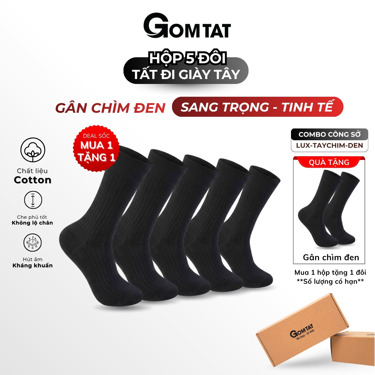 Hộp 5 đôi tất nam đi giày tây cao cổ GOMTAT gân chìm, vớ công sở nam thoáng khí LUX-TAYCHIM-DEN-CB5