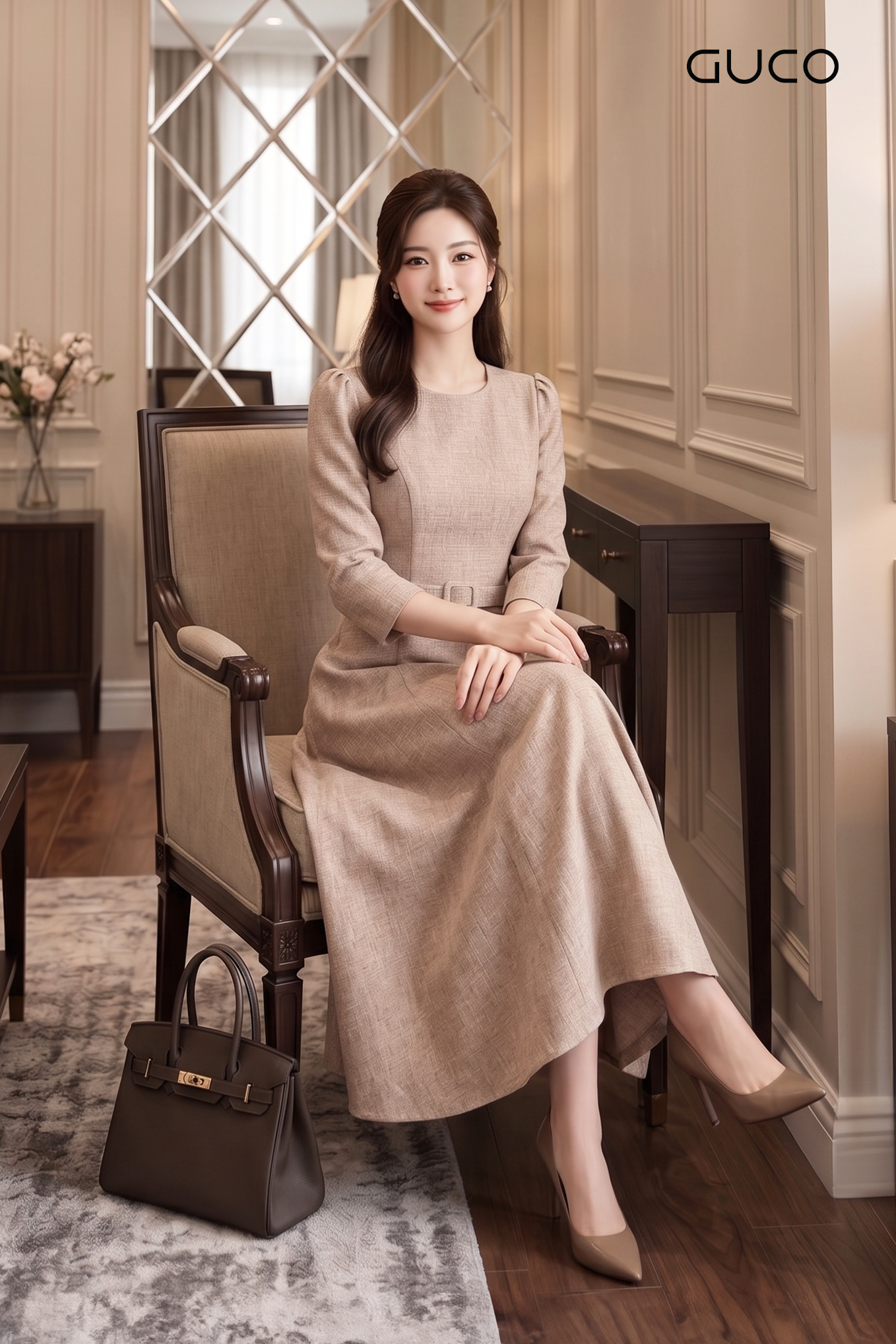 Đầm Xòe Kem Tay Lỡ Thắt Đai Eo