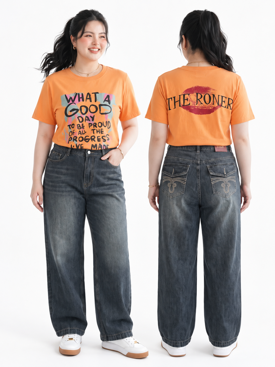 T-QJ644 styled with a T-shirt and sneakers, showing the front and back fit