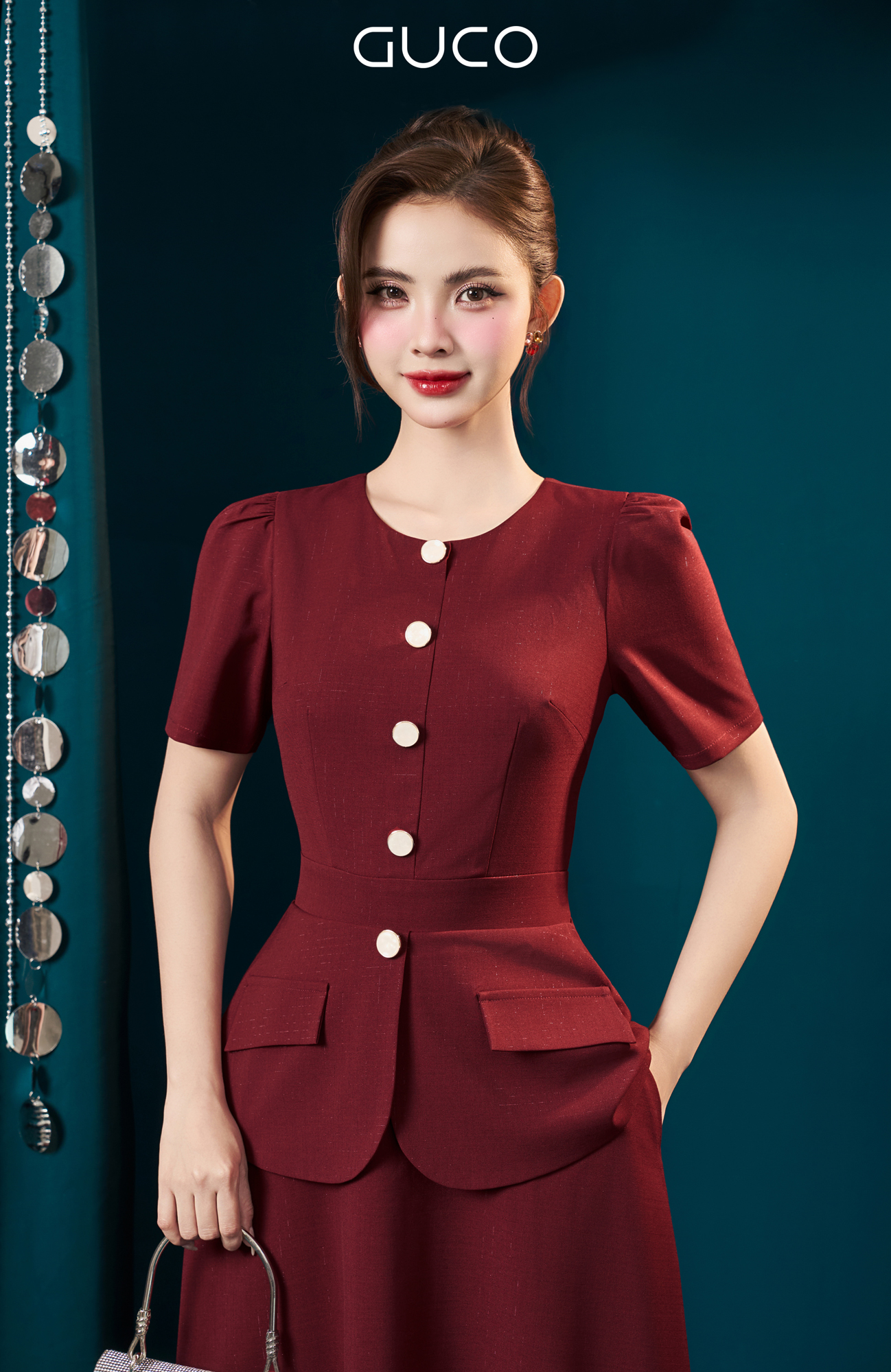 ĐẦM PEPLUM CỔ TRÒN TÚI GIẢ 2 BÊN - ĐỎ ĐÔ_thumbnail_2