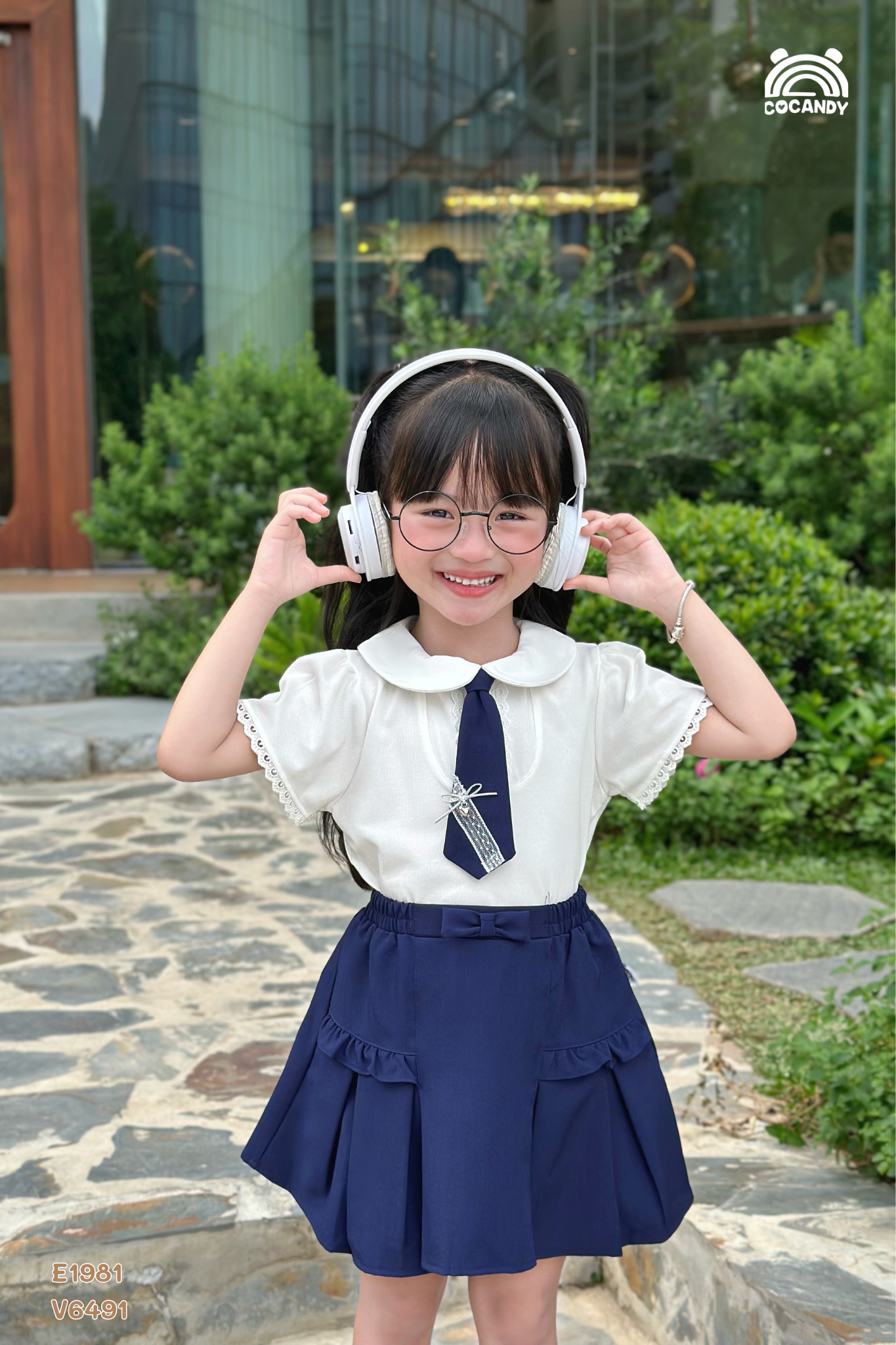 Chân váy cộc XANH nhún cạnh phối nơ xếp ly_thumbnail_1