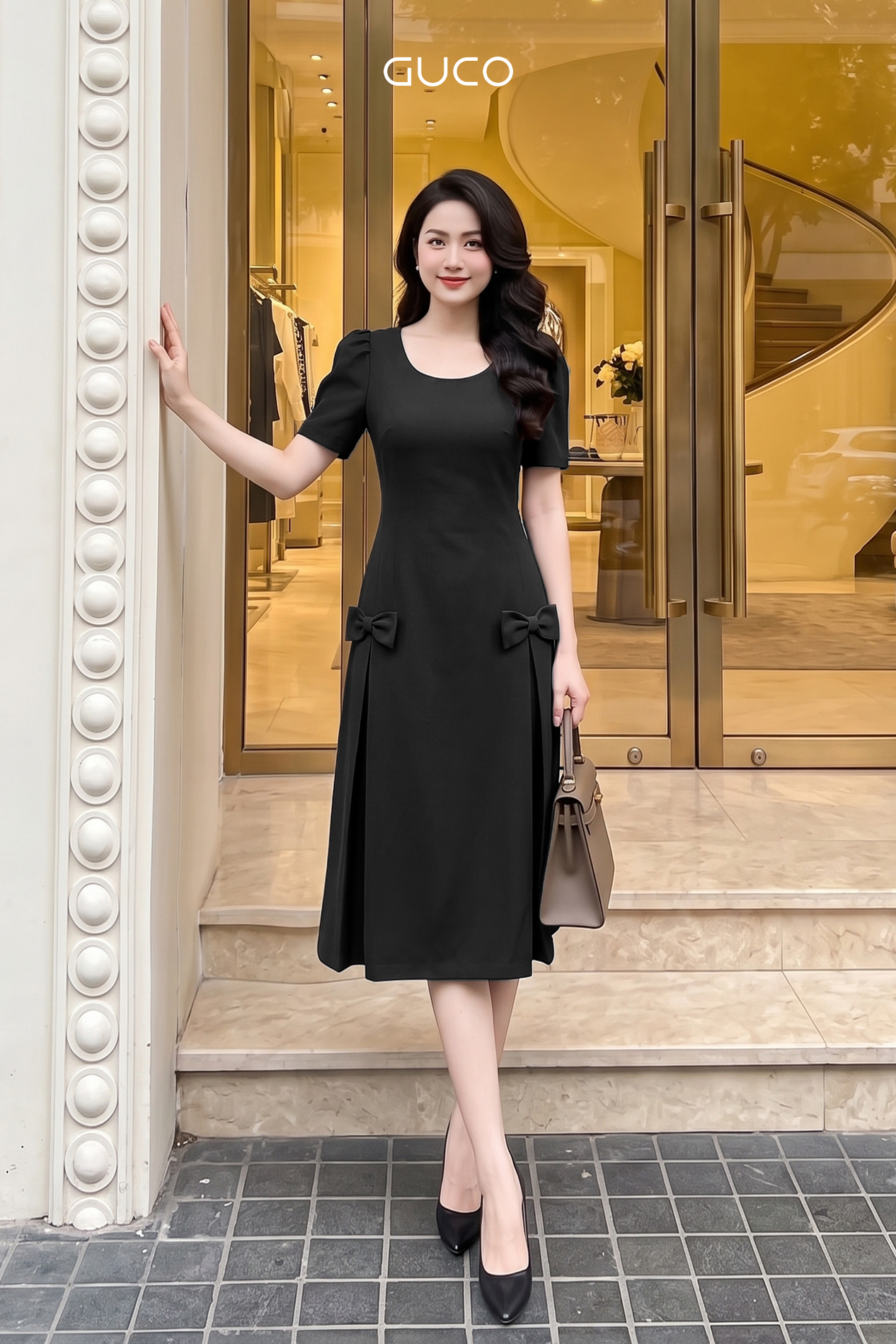 Đầm Dáng A Cổ Tròn Đen Đính Nơ