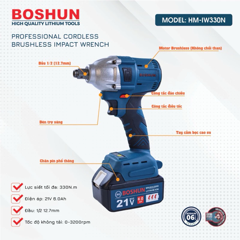 Máy Siết Bulong Lực 330Nm S-IW330N -Không Chổi Than, Lõi Đồng 100%, Đầu 1/2 lắp được vít
