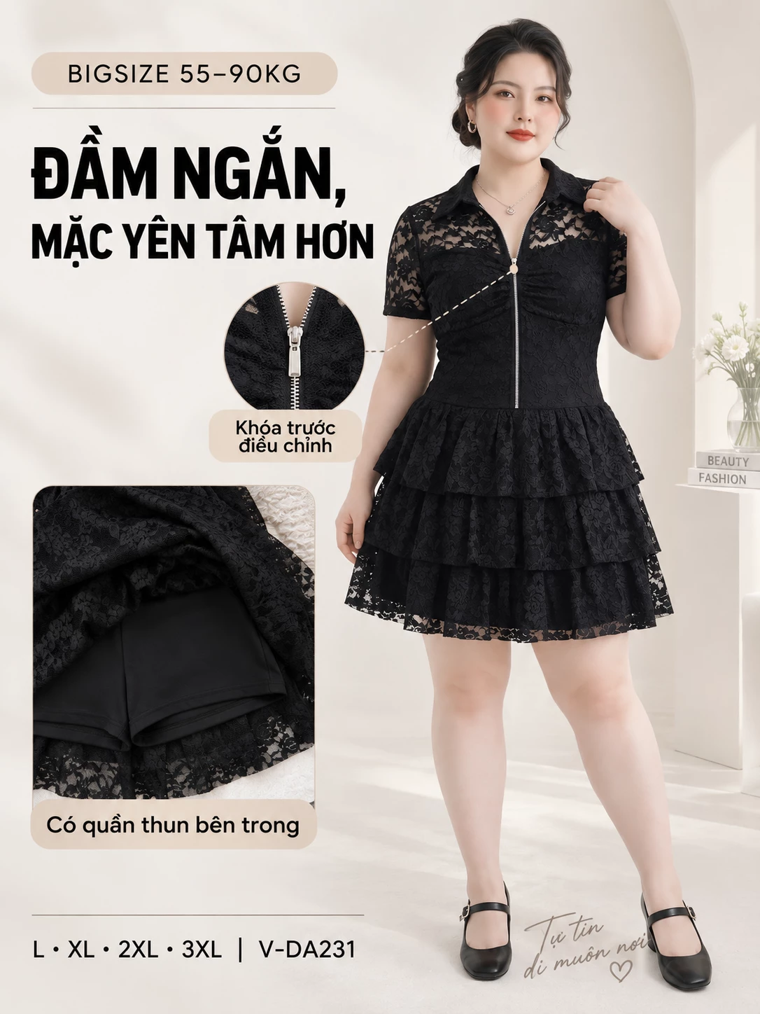 Đầm ren hoa 3 tầng bigsize V-DA231 mặc trên người với khóa kéo trước và quần phối thun bên trong