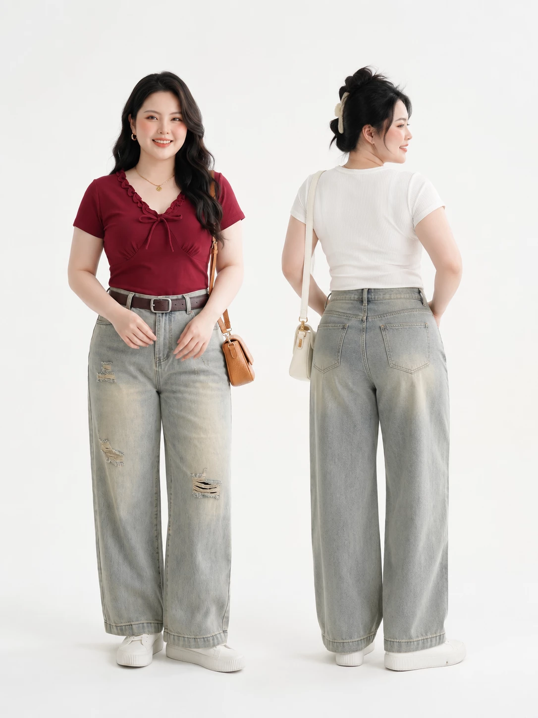 Người mẫu bigsize mặc quần jean suông nấm T-QJ5055, góc trước và sau