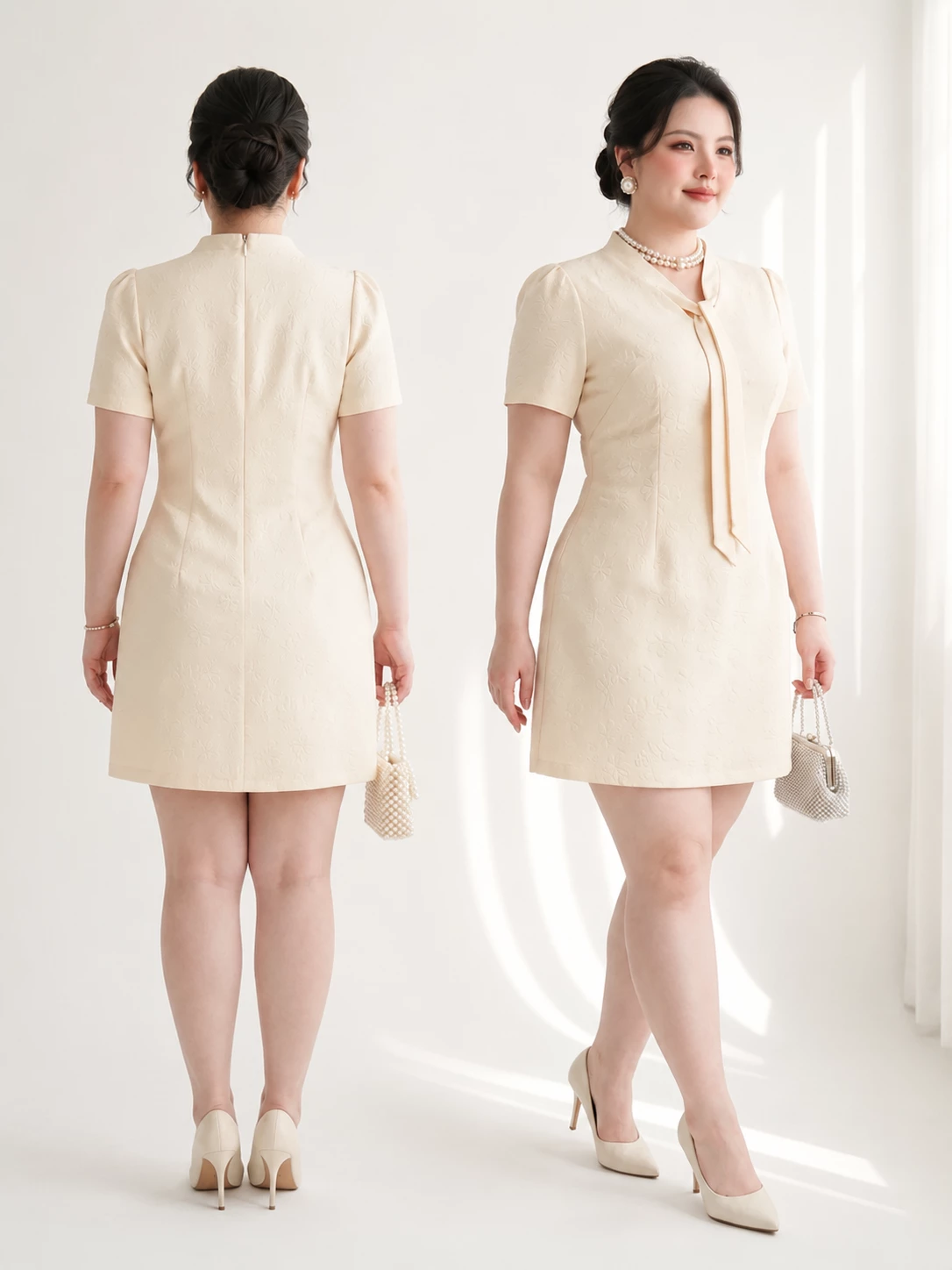 Dáng mặc trước và sau của đầm dáng A bigsize V-DA232 màu kem