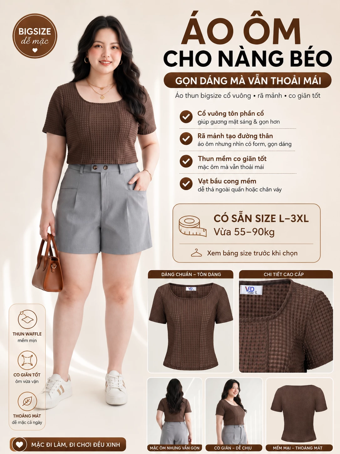 Ảnh tổng hợp áo thun bigsize V-AK121 với người mẫu, cổ vuông, rã mảnh, bề mặt thun và vạt bầu