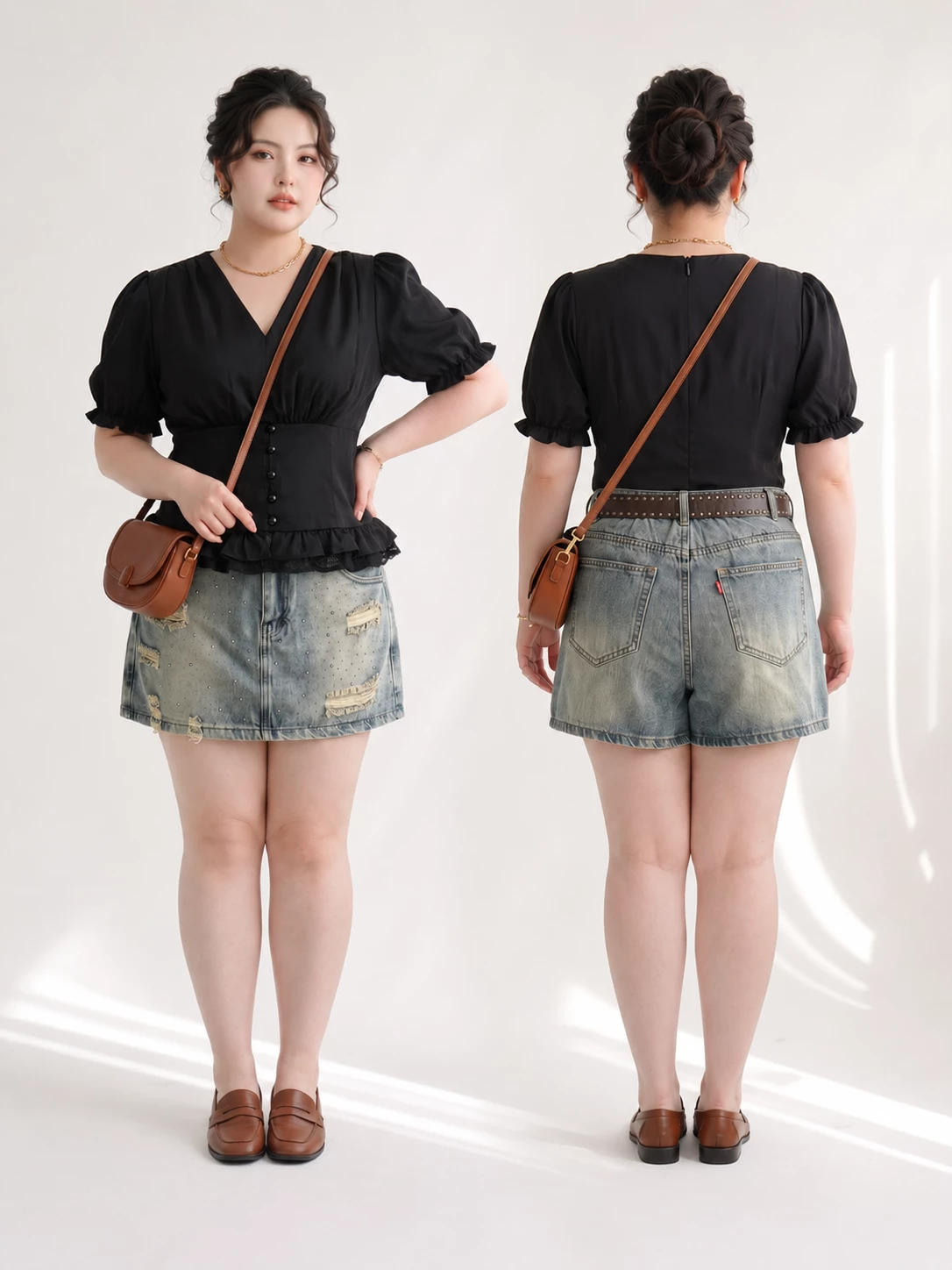 Người mẫu mặc quần giả váy jean bigsize T-QVJ2129 ở góc trước và sau, thấy mặt trước giả váy và mặt sau quần short