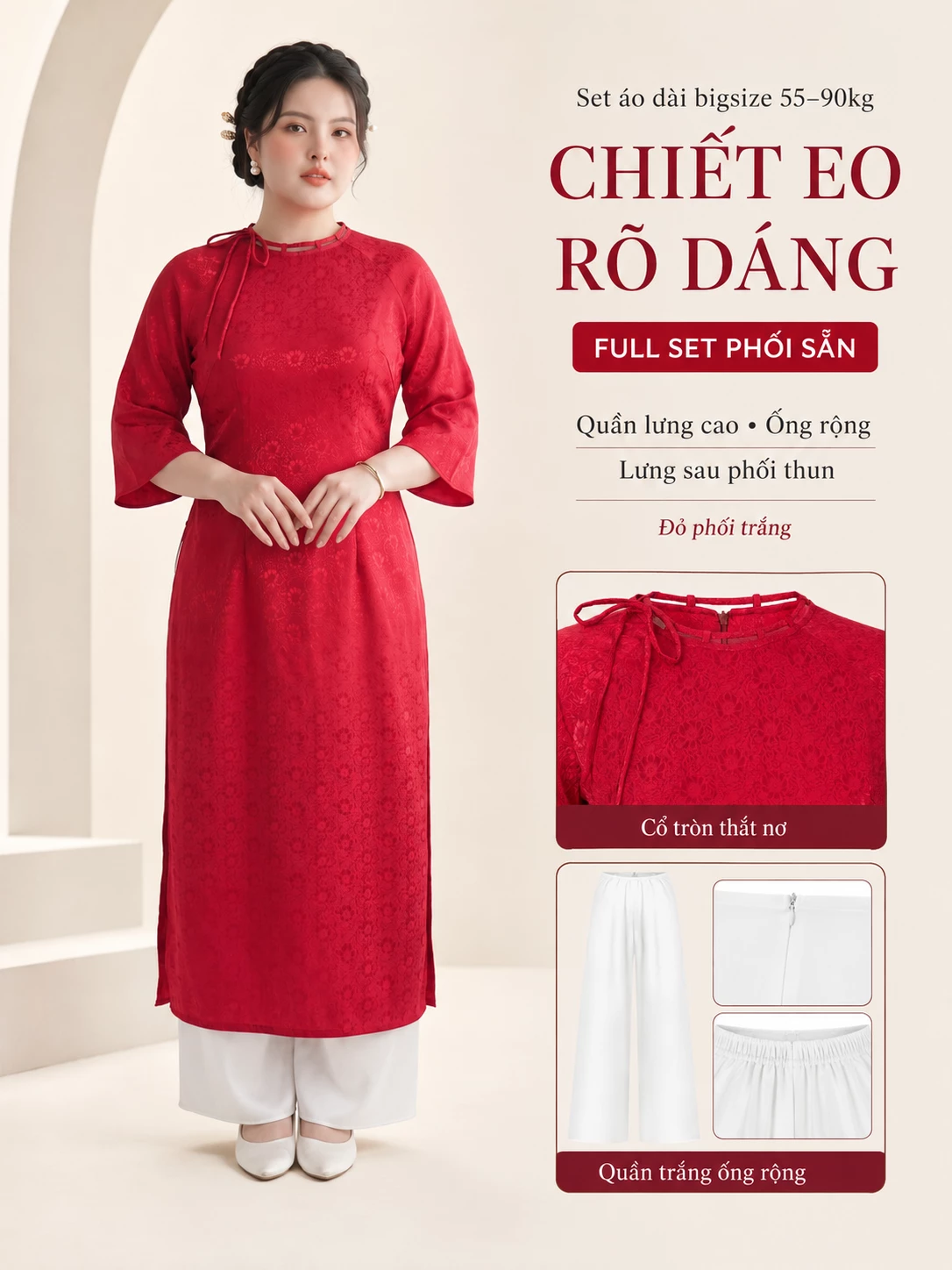 Set áo dài bigsize V-SET025 chiết eo rõ dáng cổ tròn thắt nơ kèm quần trắng ống rộng lưng sau phối thun